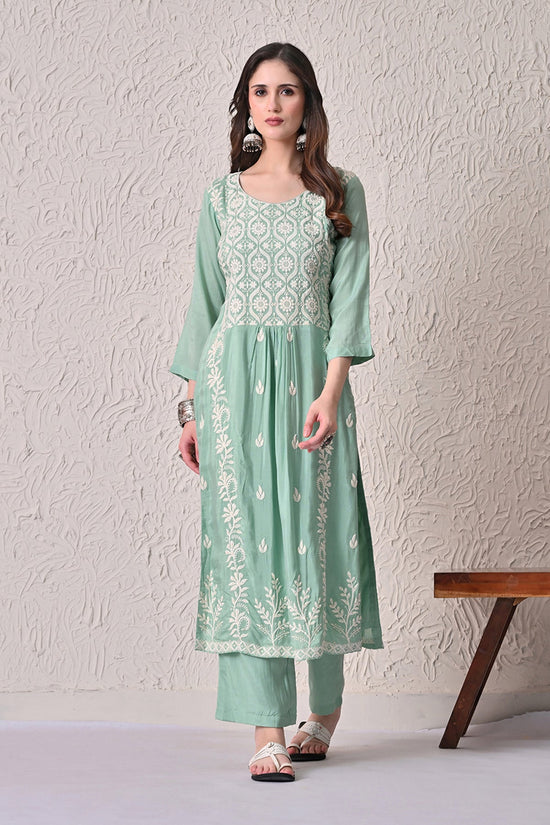 Green A-line Embroidered Kurta 3 Pcs Set