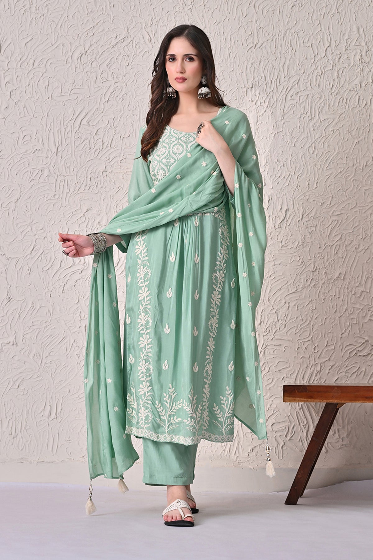 Green A-line Embroidered Kurta 3 Pcs Set