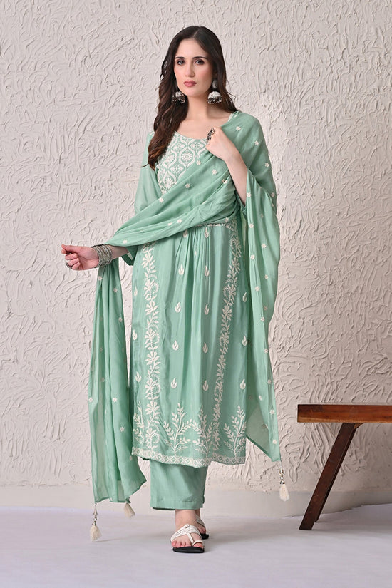 Green A-line Embroidered Kurta 3 Pcs Set