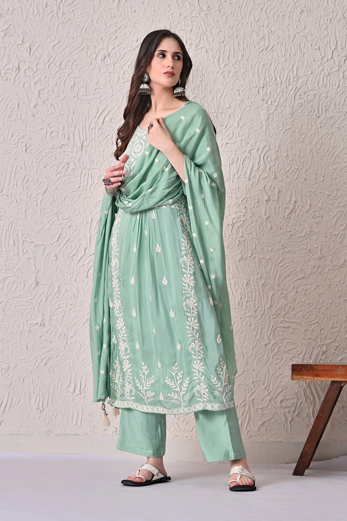 Green A-line Embroidered Kurta 3 Pcs Set