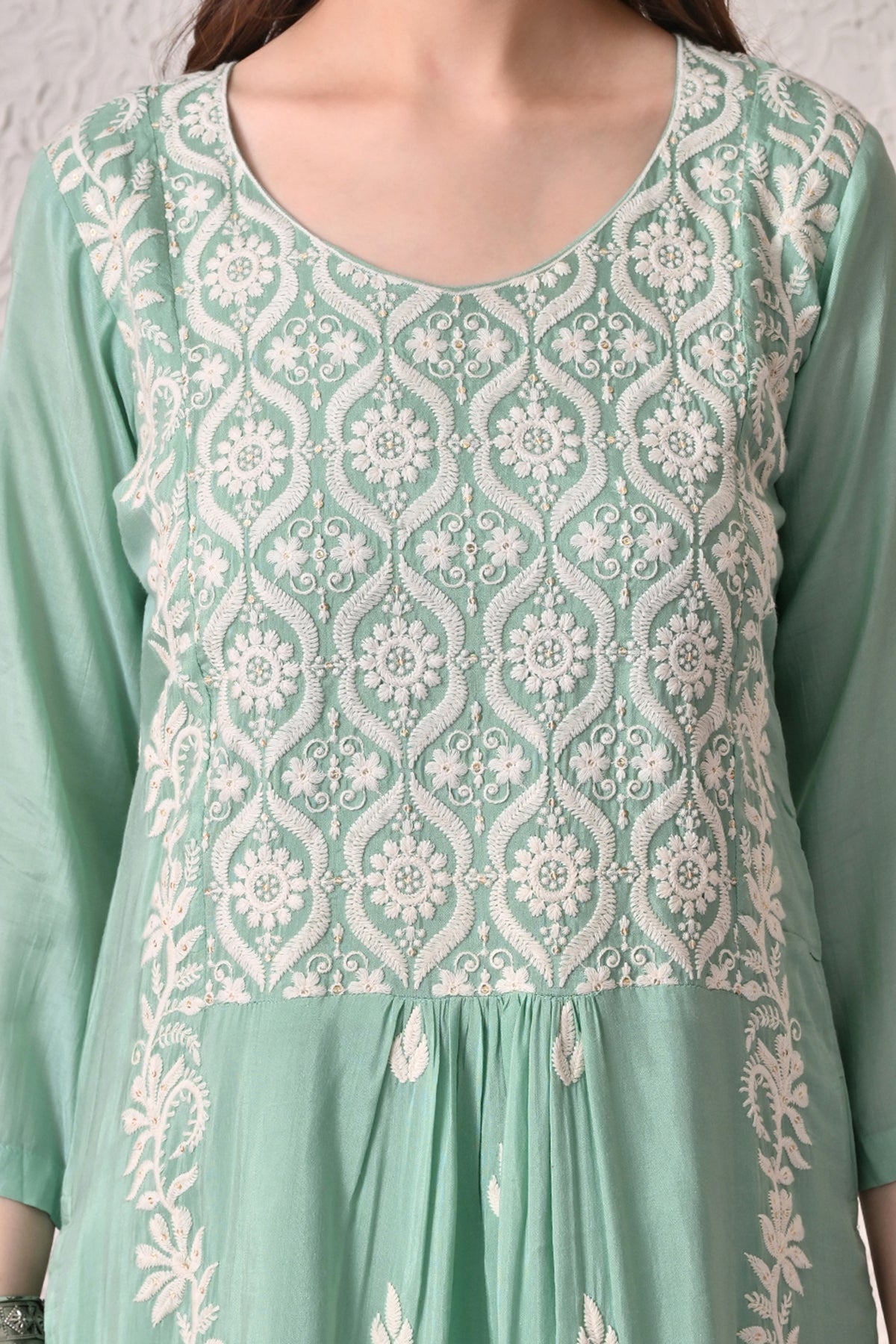 Green A-line Embroidered Kurta 3 Pcs Set