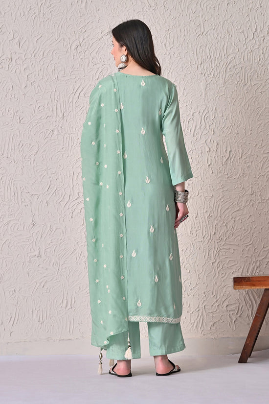 Green A-line Embroidered Kurta 3 Pcs Set