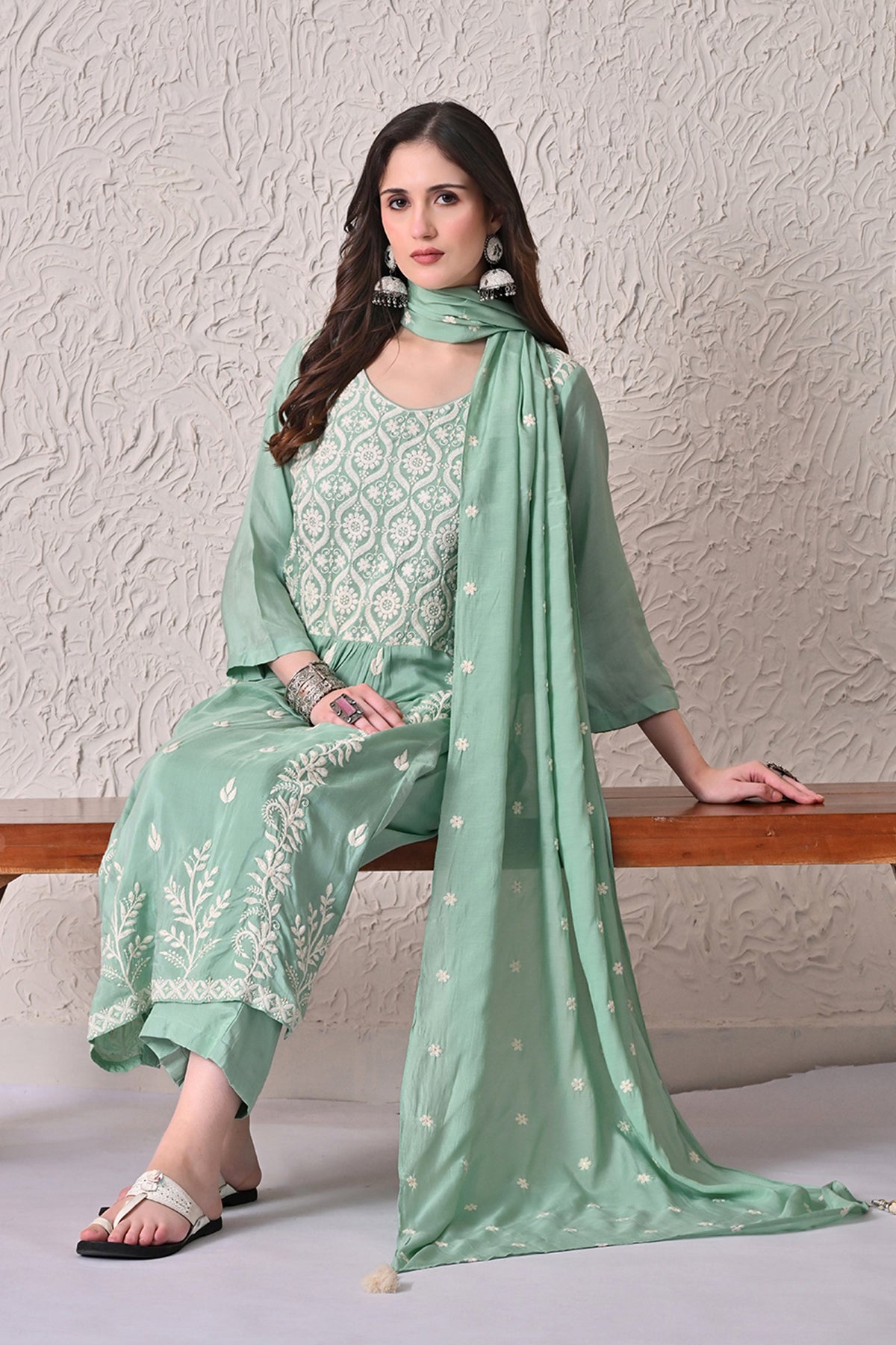 Green A-line Embroidered Kurta 3 Pcs Set