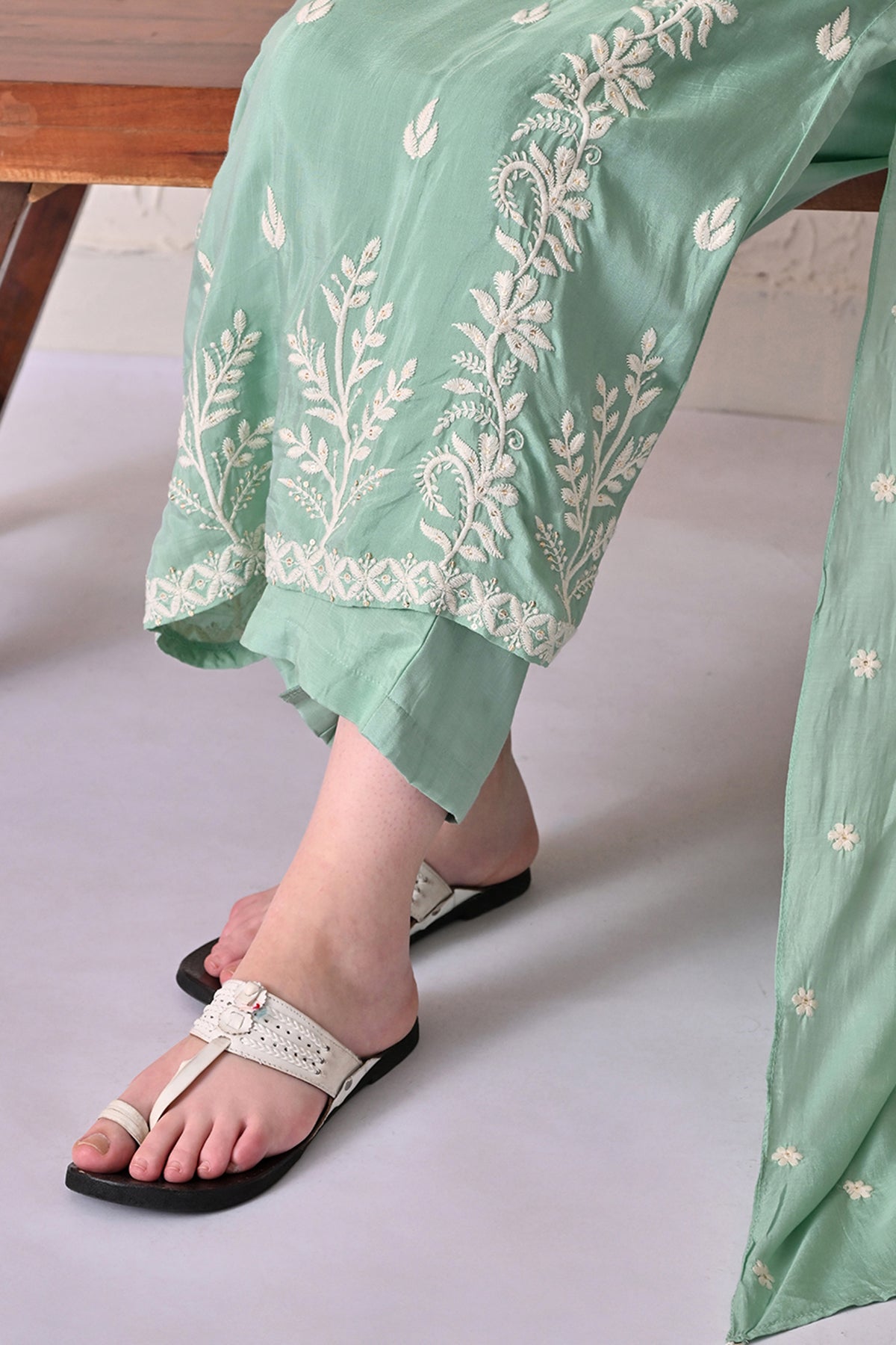 Green A-line Embroidered Kurta 3 Pcs Set