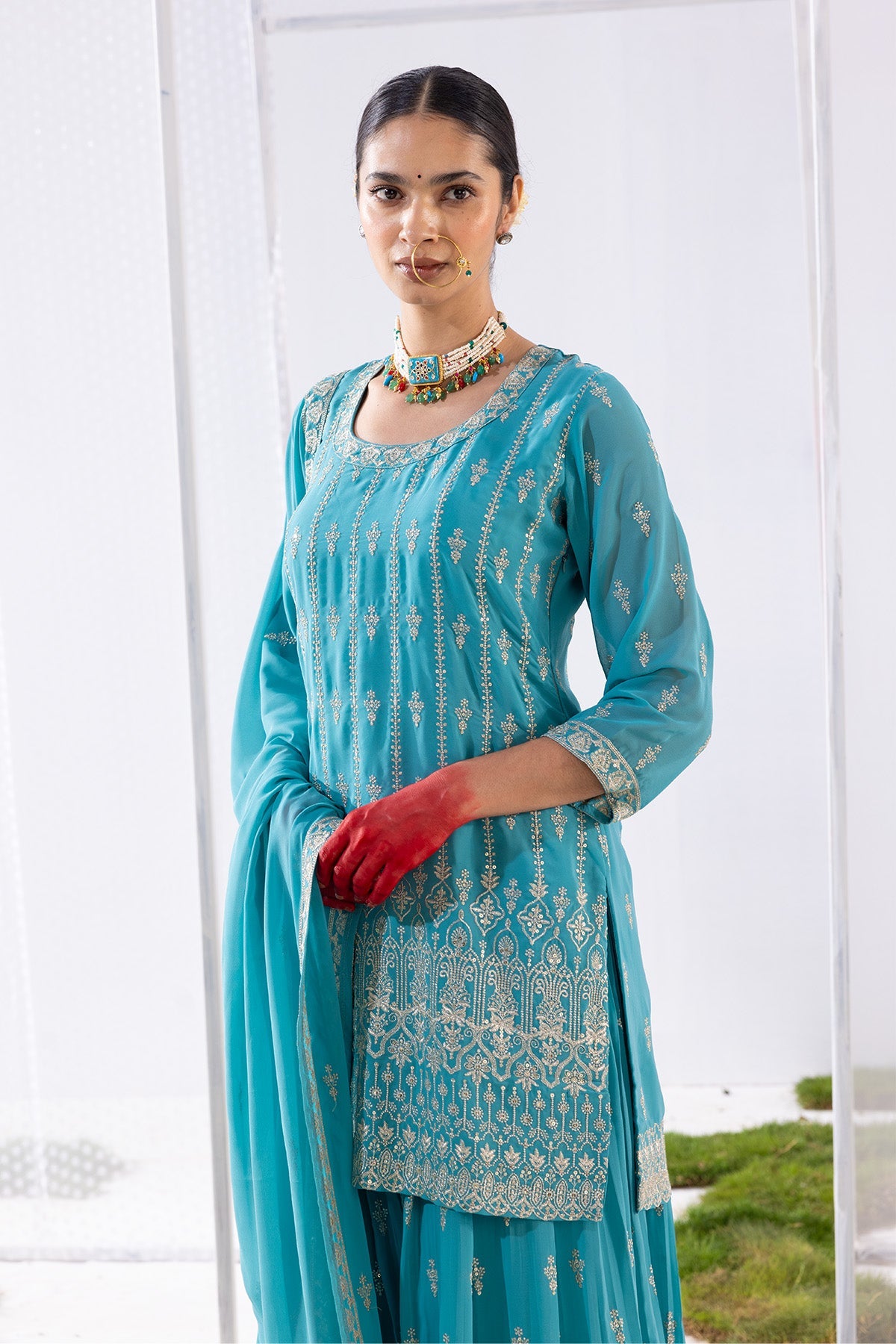 Green Embroidered Short Kurta 3 Pcs Set