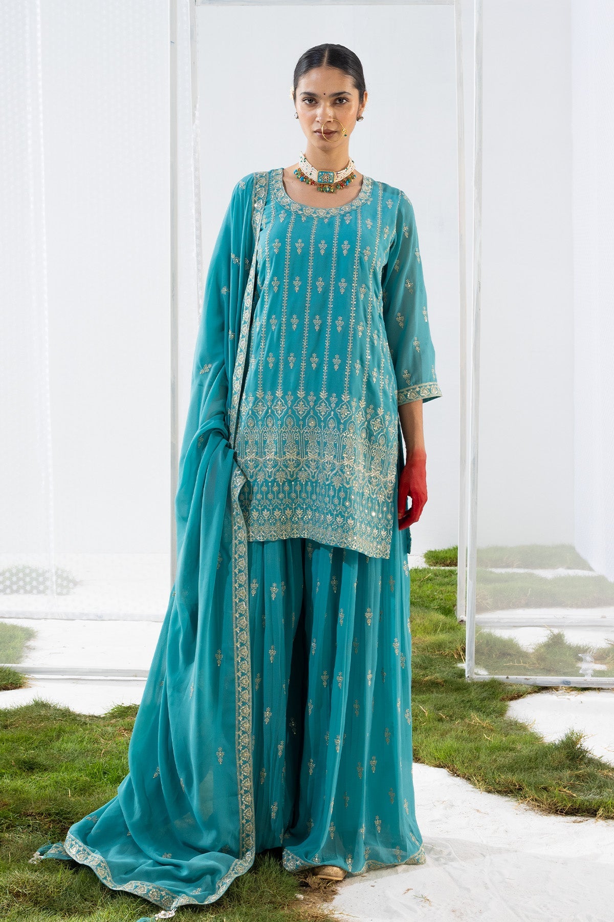 Green Embroidered Short Kurta 3 Pcs Set