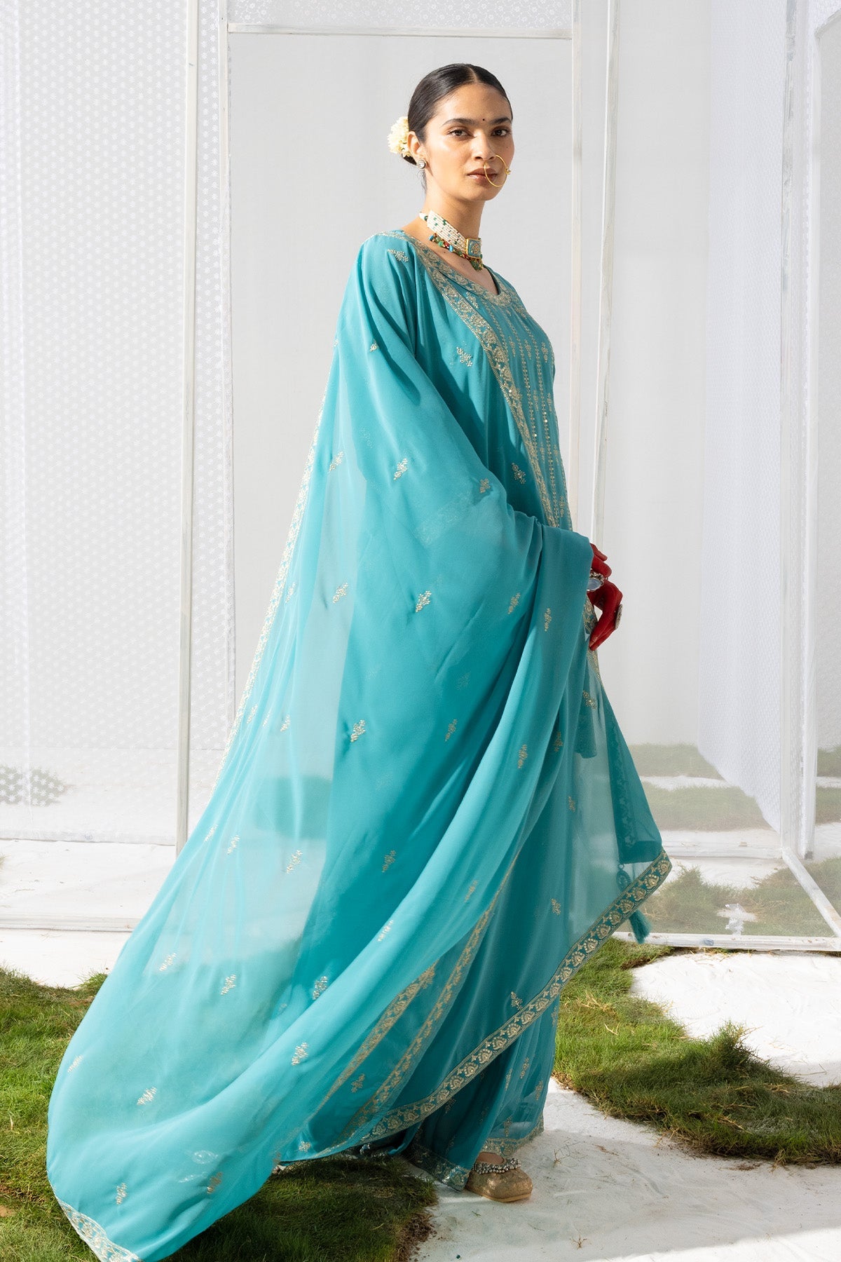 Green Embroidered Short Kurta 3 Pcs Set