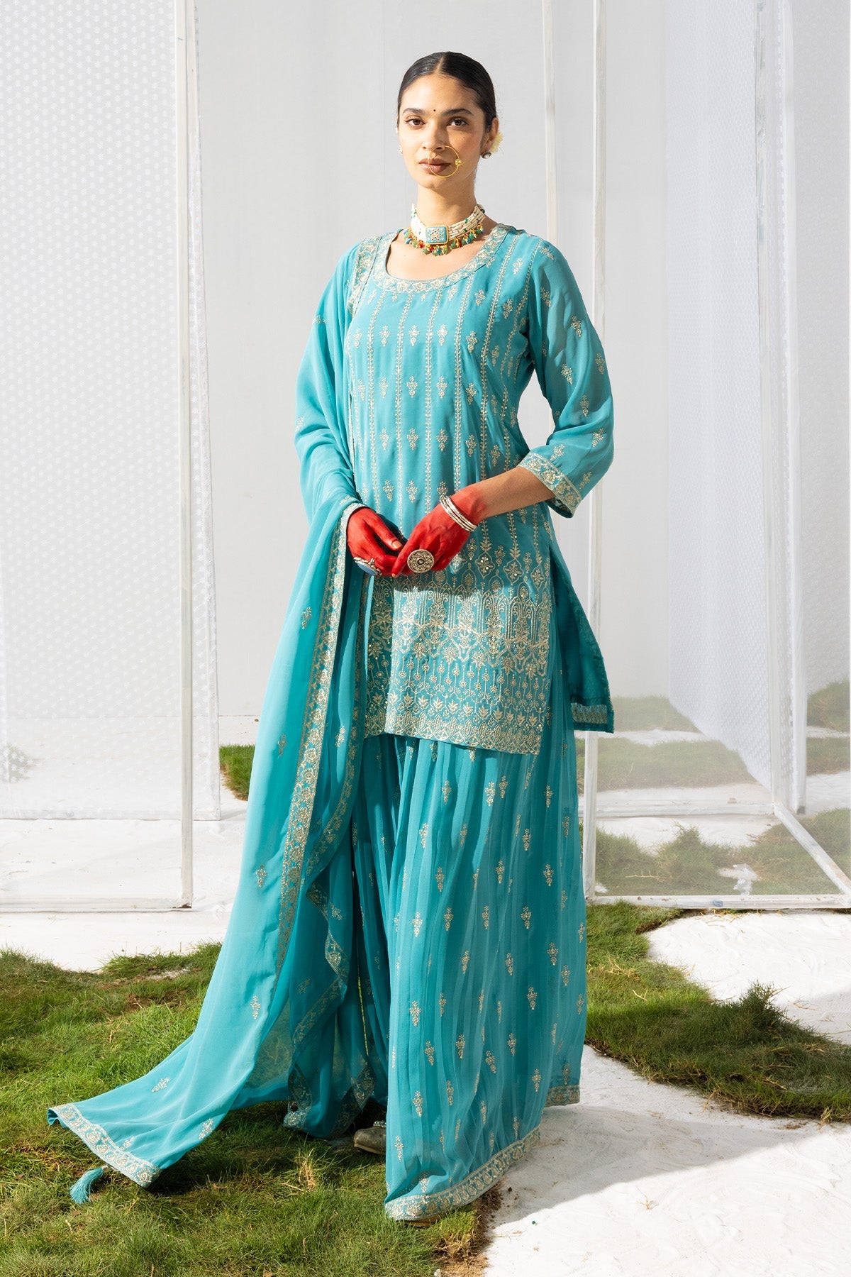 Green Embroidered Short Kurta 3 Pcs Set