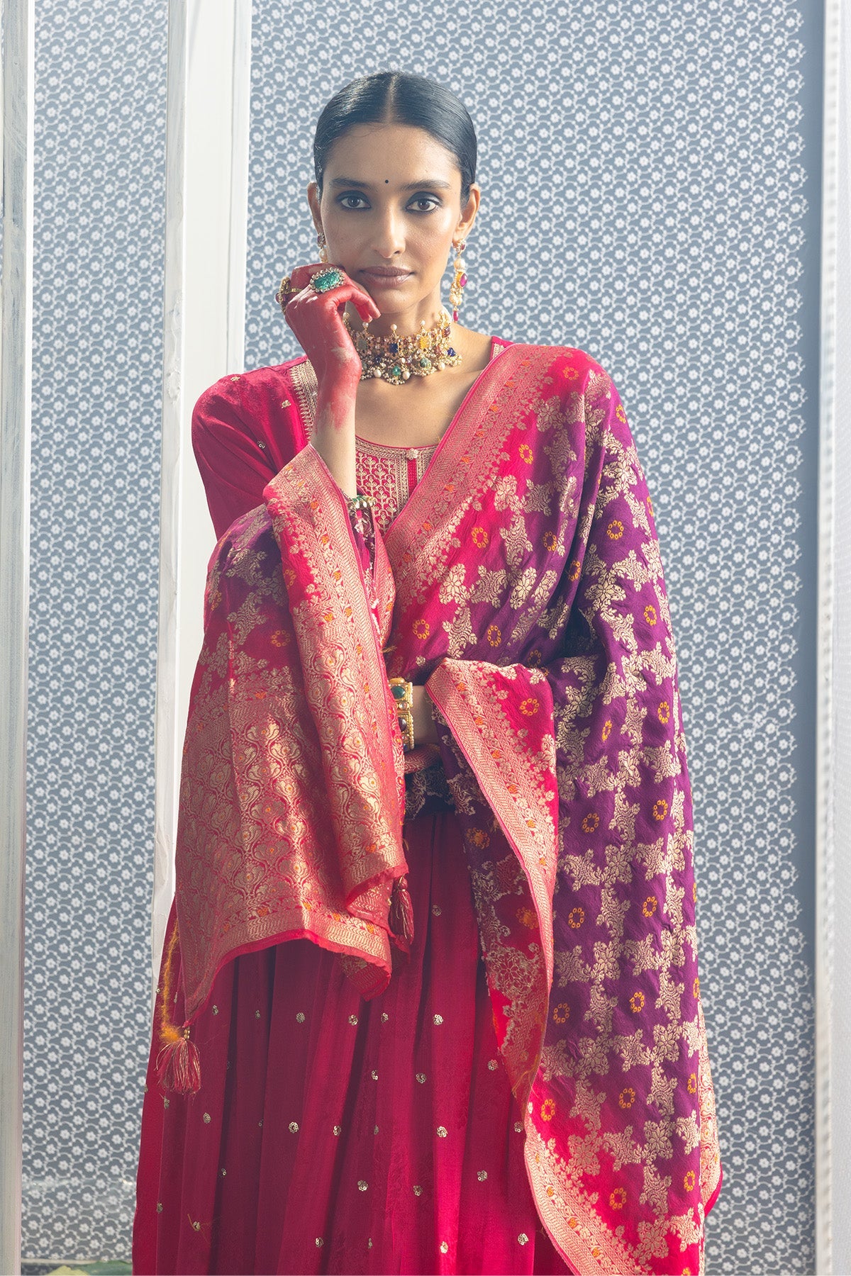 Magenta Embellished Flared Kurta 3 Pcs Set