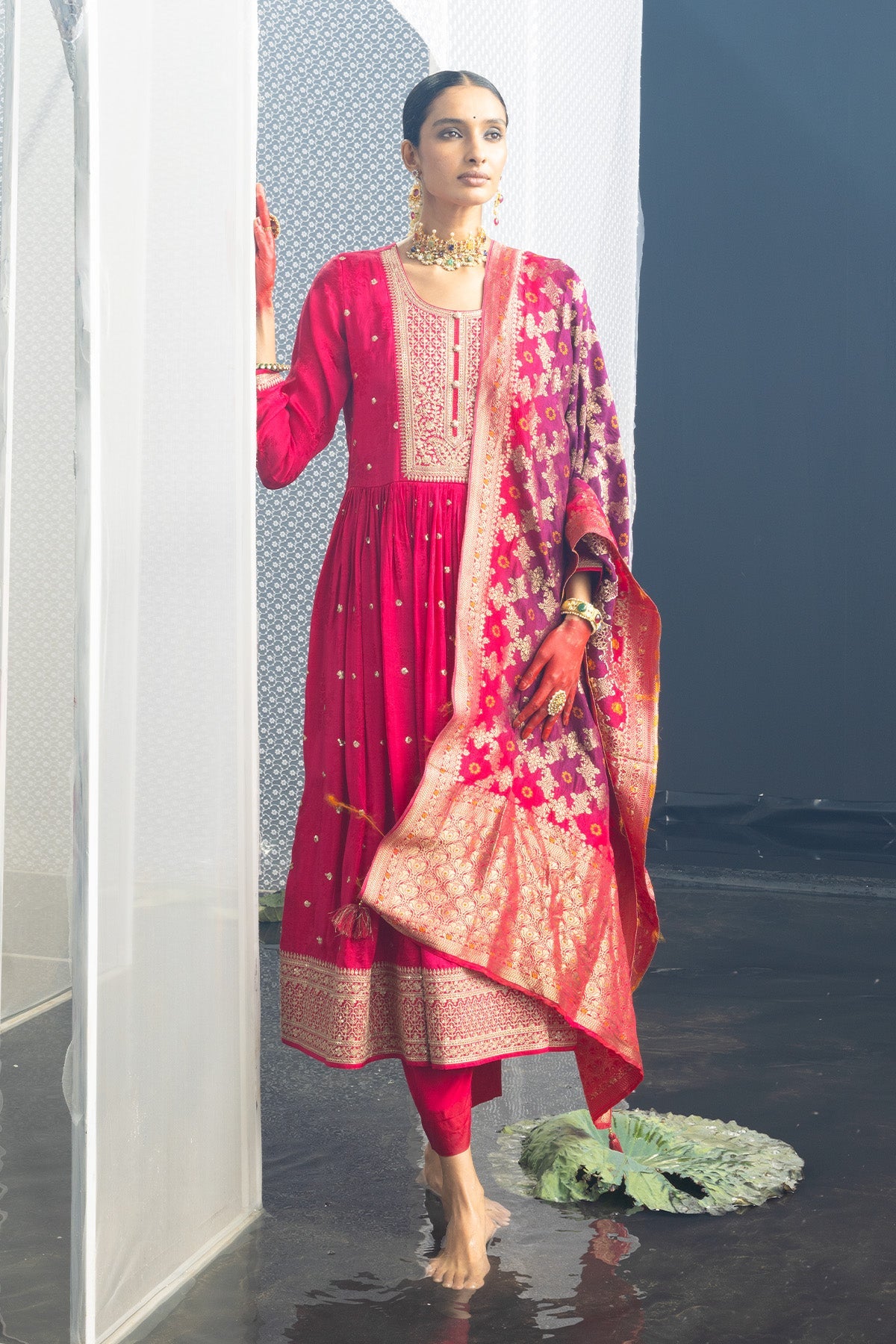 Magenta Embellished Flared Kurta 3 Pcs Set