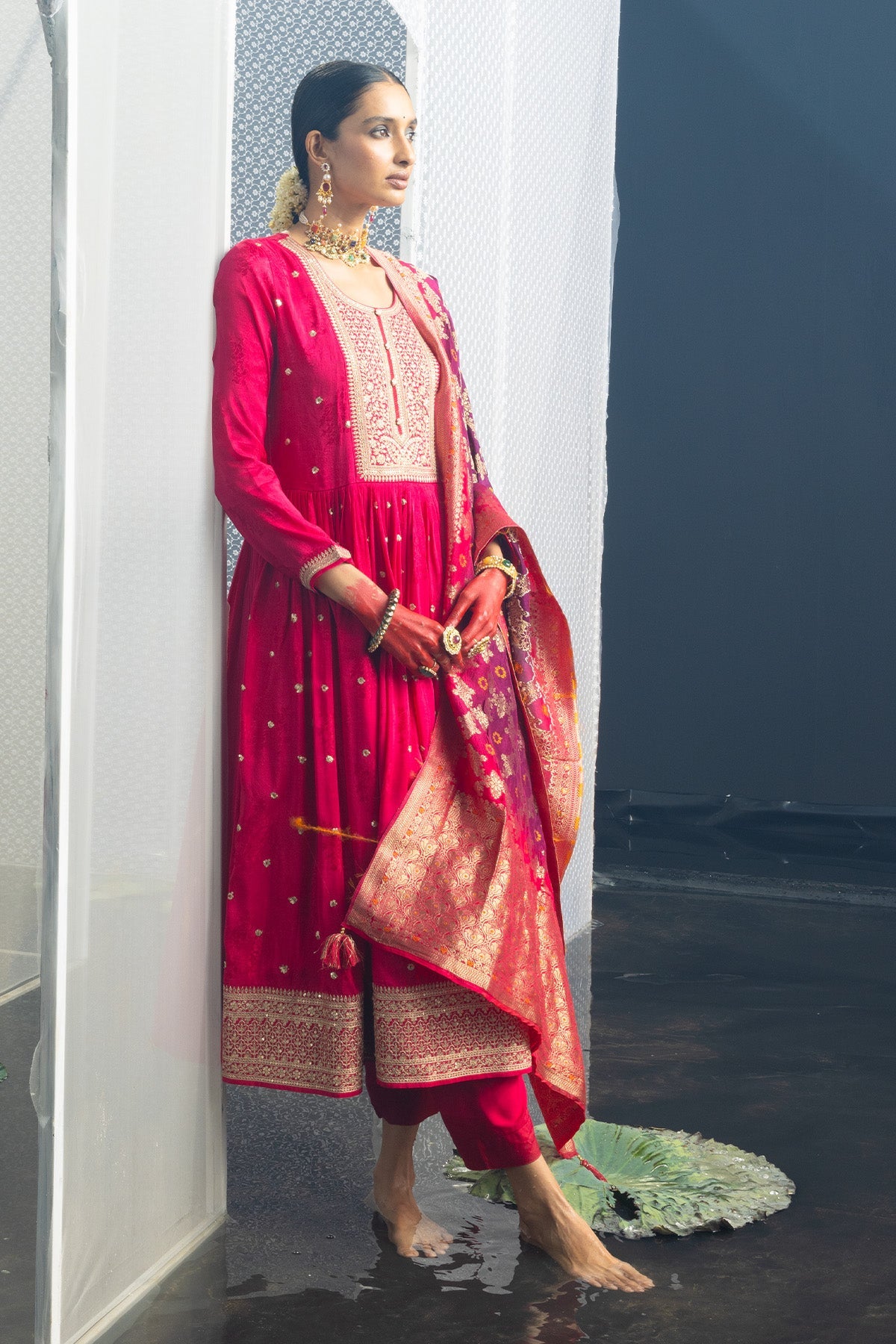 Magenta Embellished Flared Kurta Set