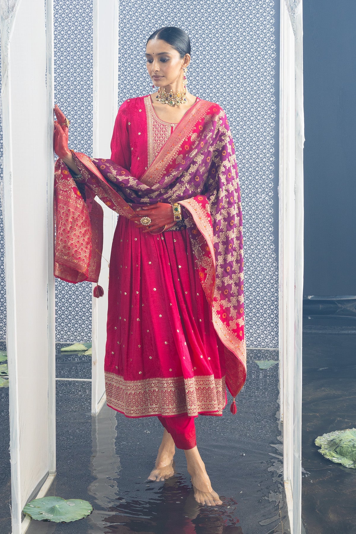 Magenta Embellished Flared Kurta Set