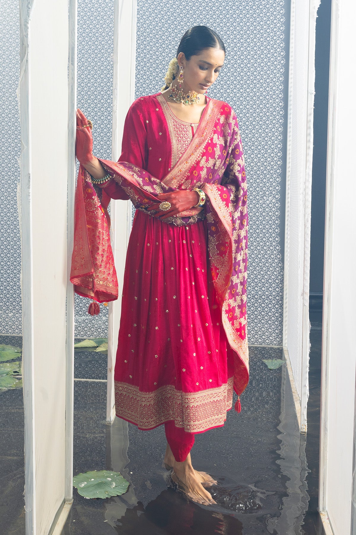 Magenta Embellished Flared Kurta Set
