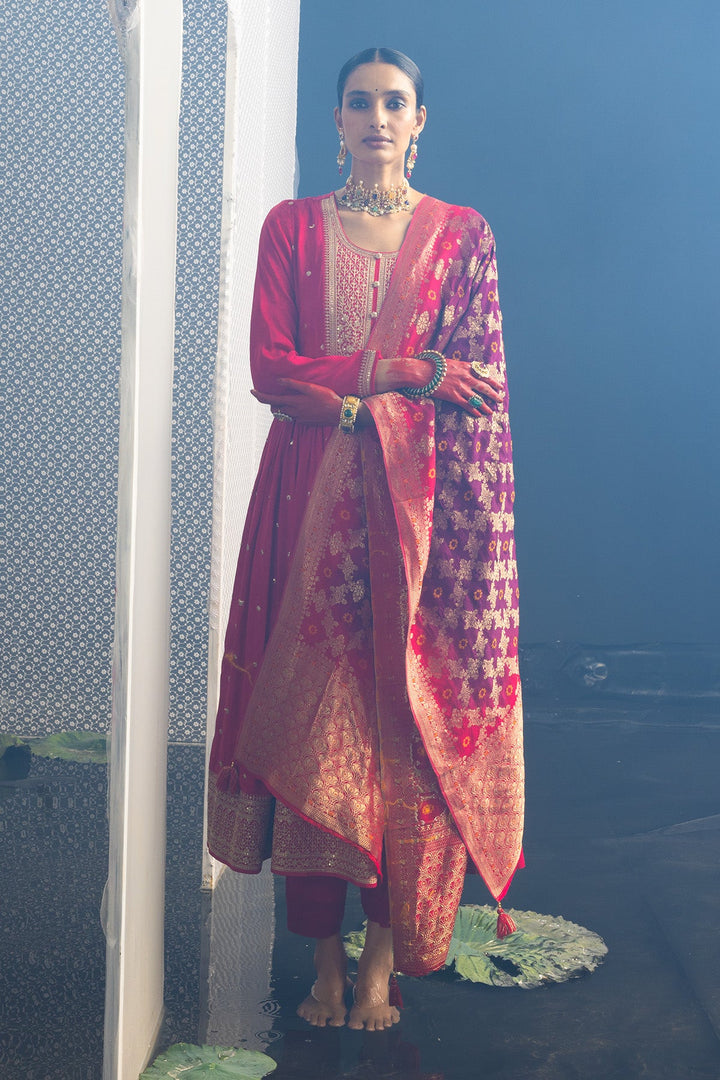 Magenta Embellished Flared Kurta Set