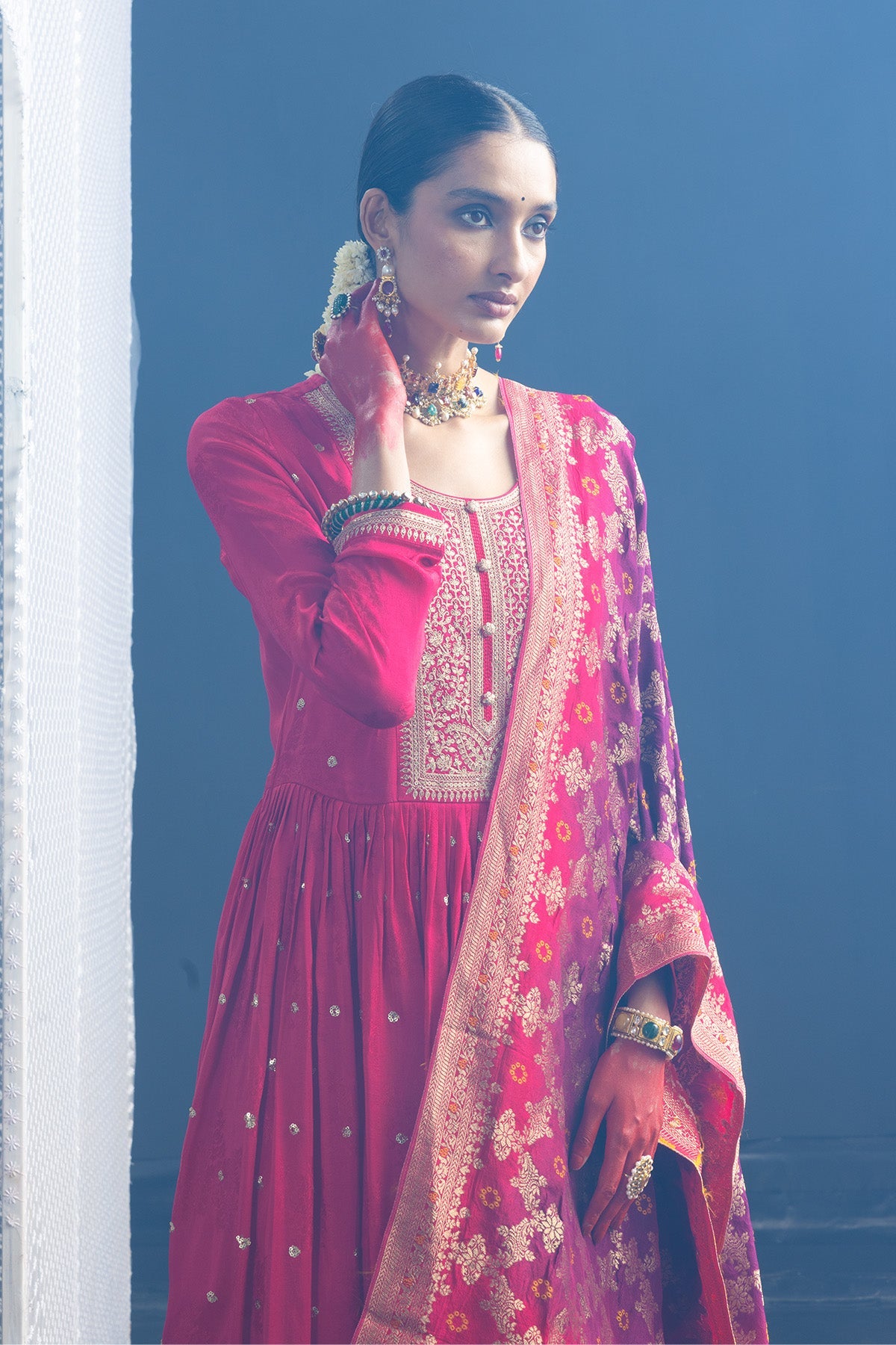 Magenta Embellished Flared Kurta 3 Pcs Set