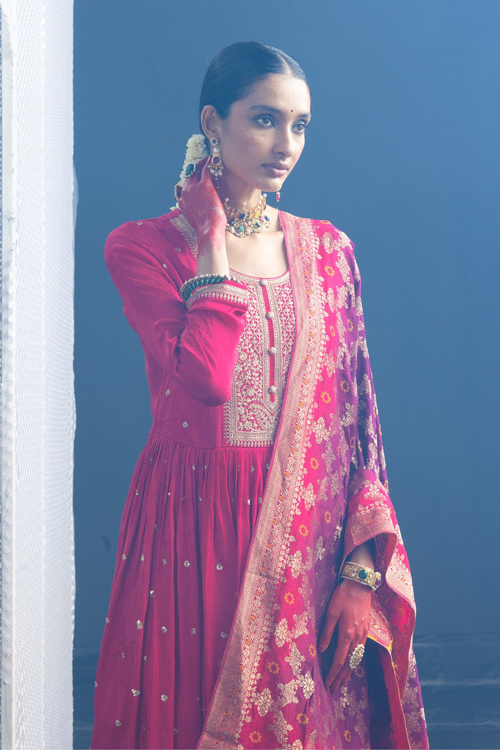 Magenta Embellished Flared Kurta Set