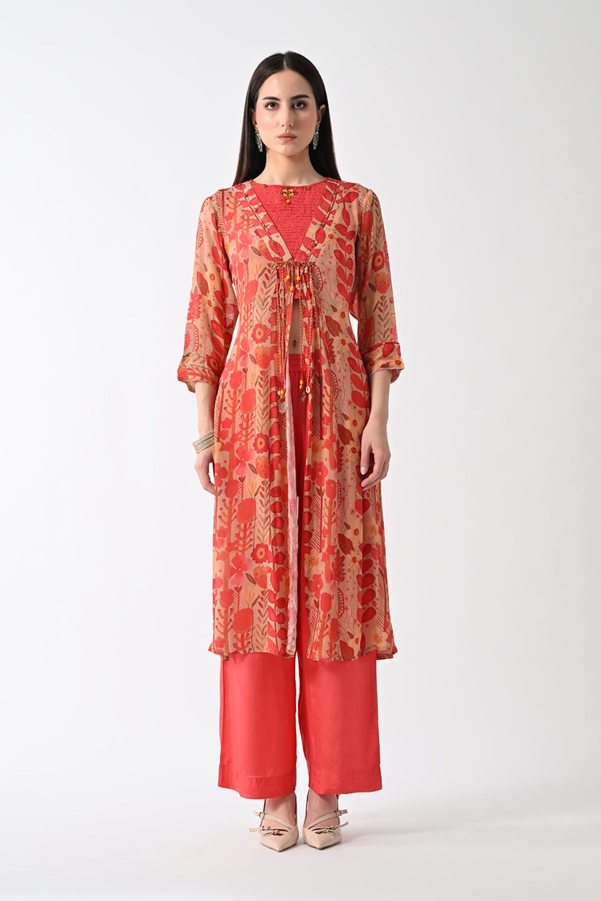 Peach Printed Jacket 3 Pcs Set