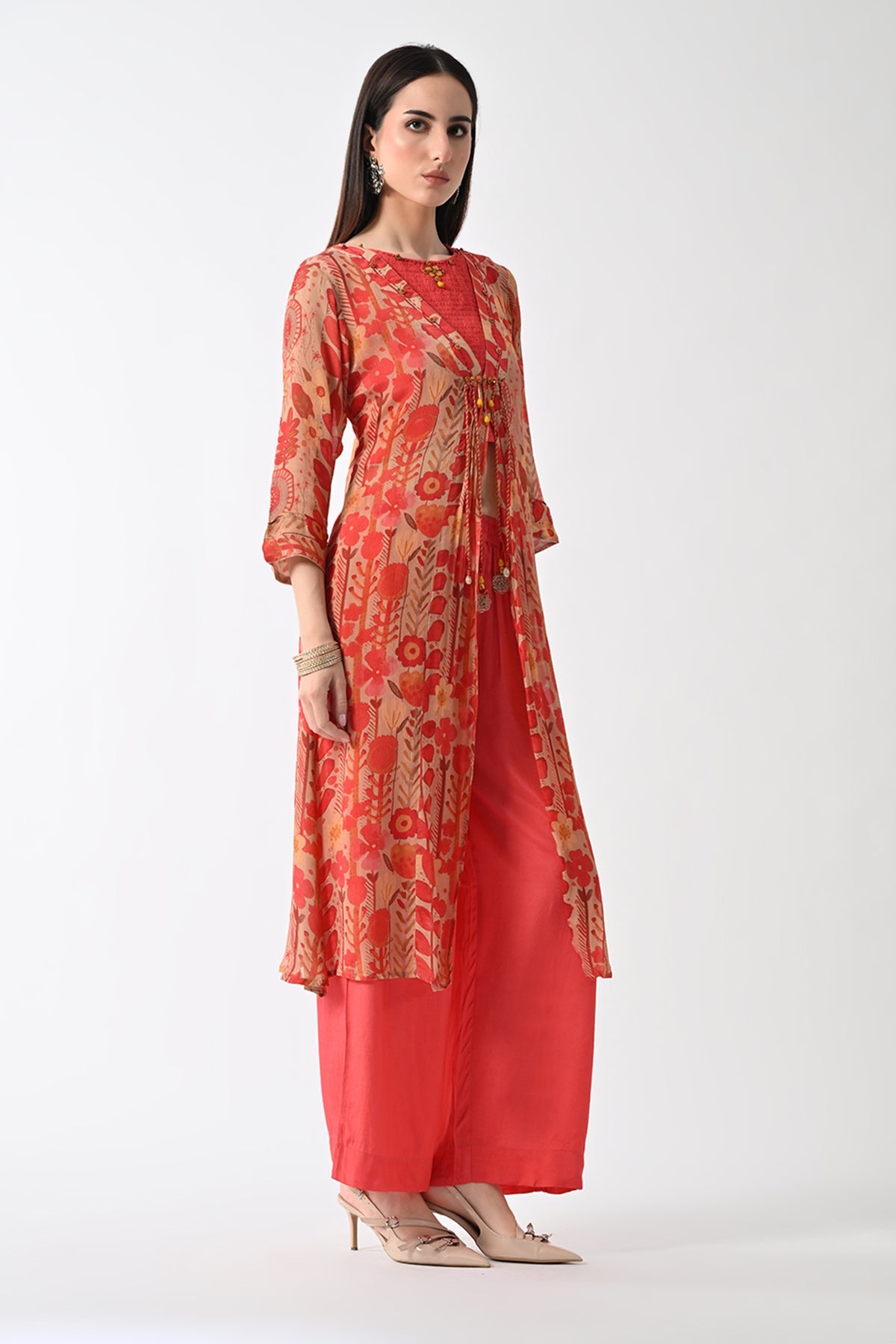 Peach Printed Jacket 3 Pcs Set