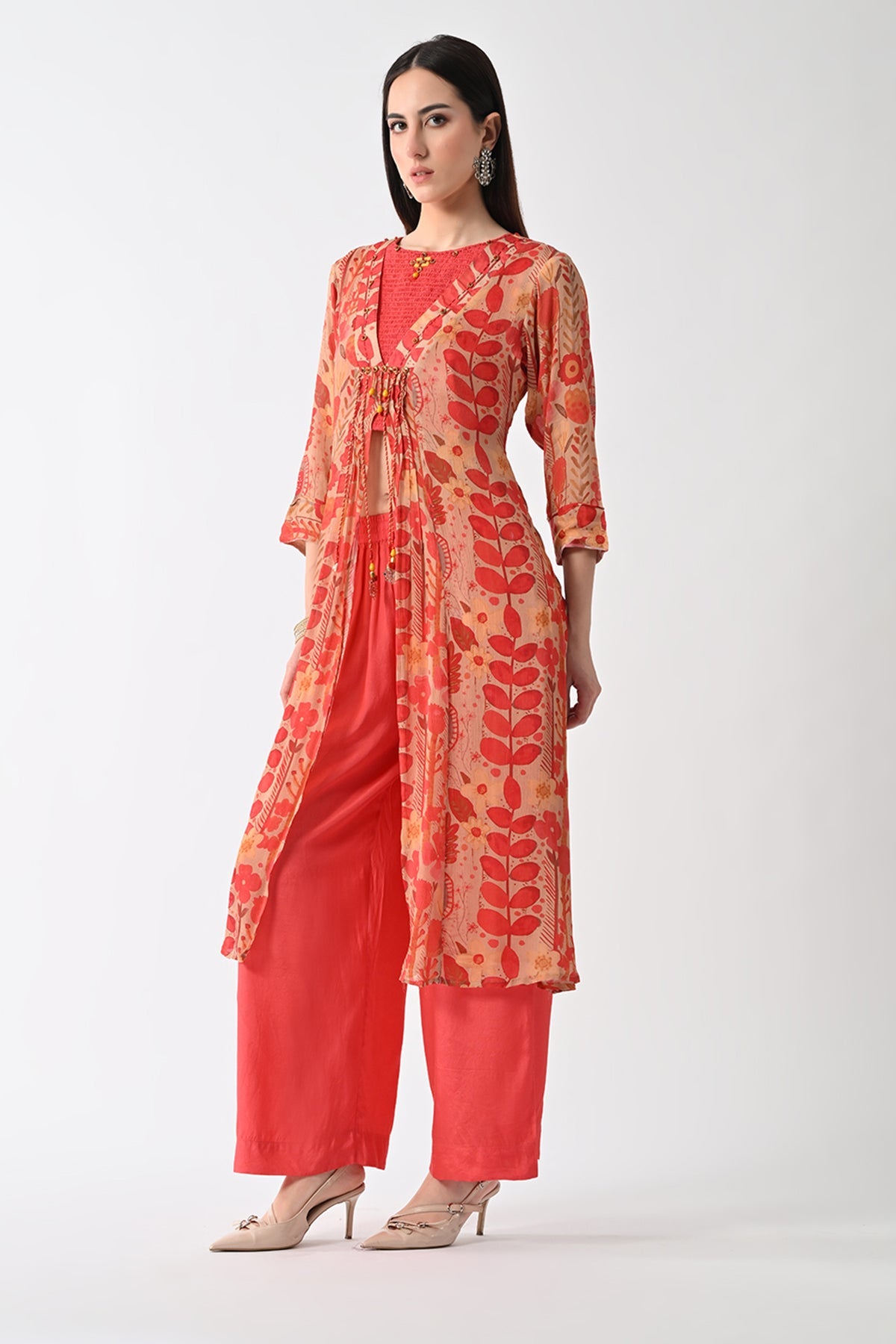 Peach Printed Jacket 3 Pcs Set