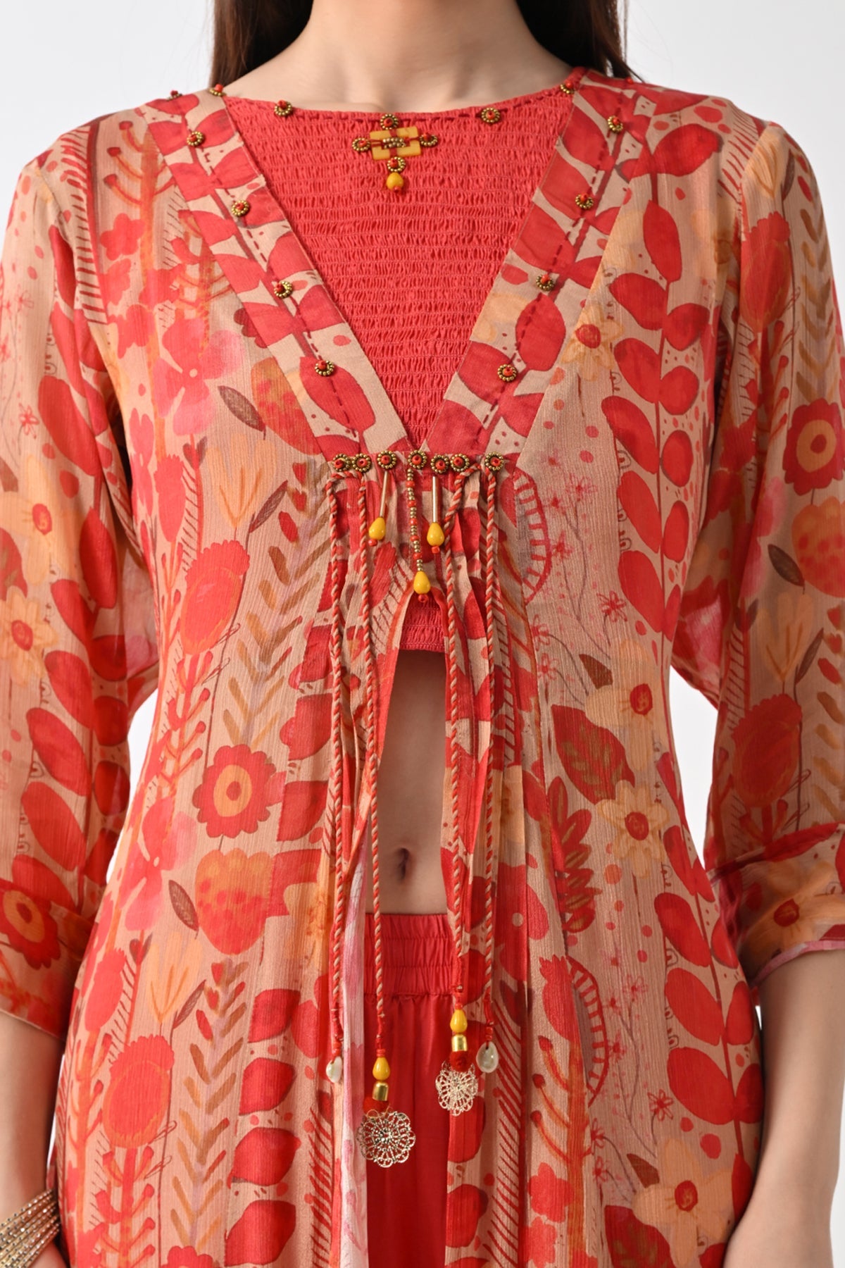 Peach Printed Jacket 3 Pcs Set