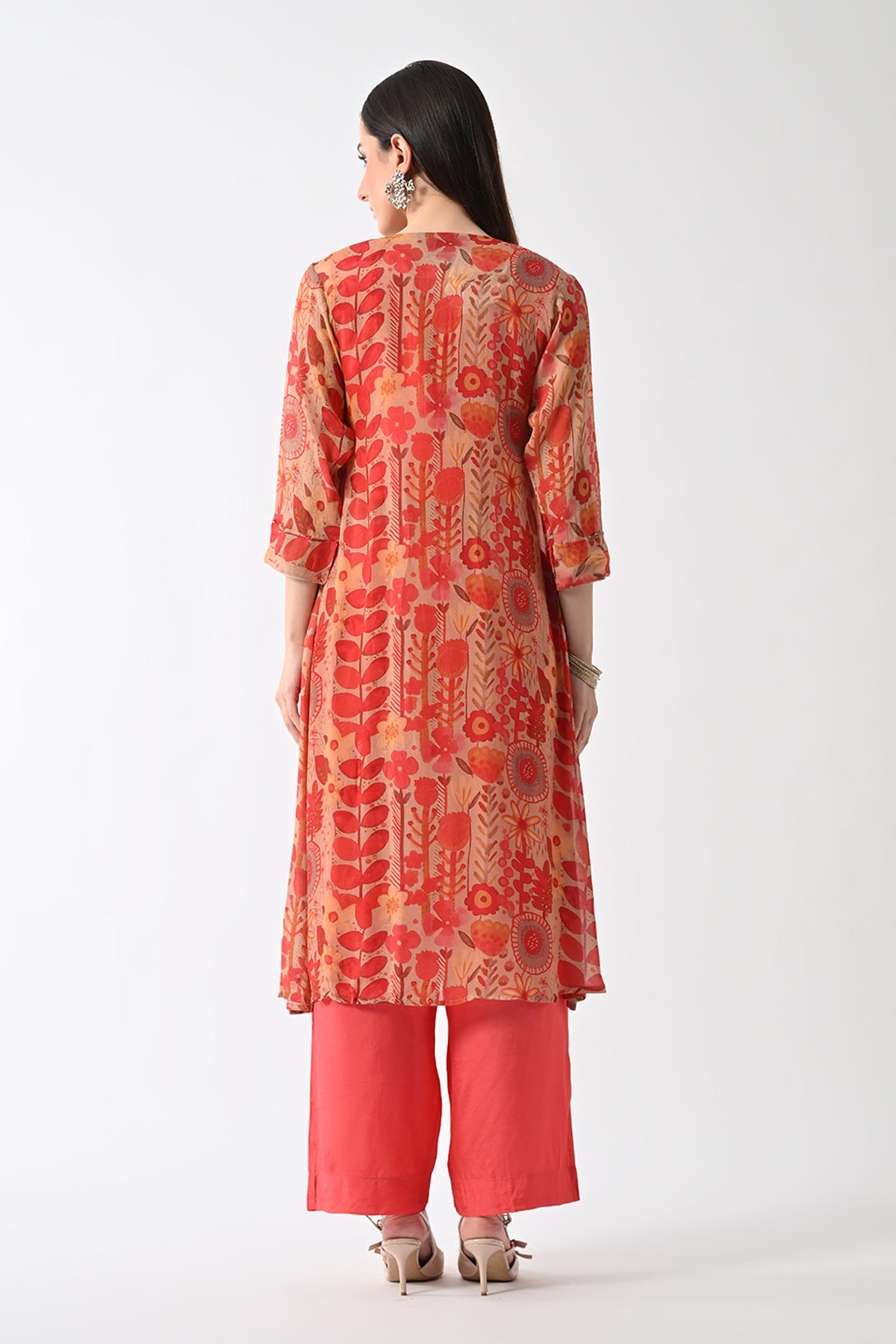Peach Printed Jacket 3 Pcs Set