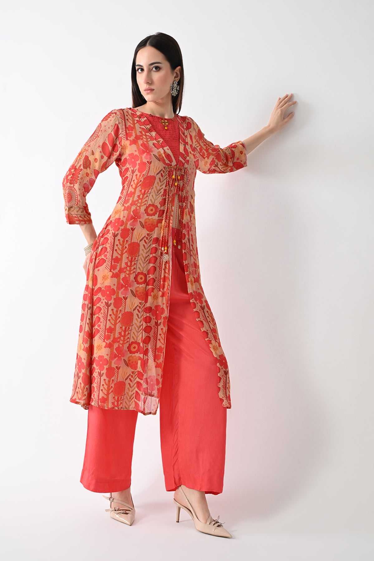 Peach Printed Jacket 3 Pcs Set