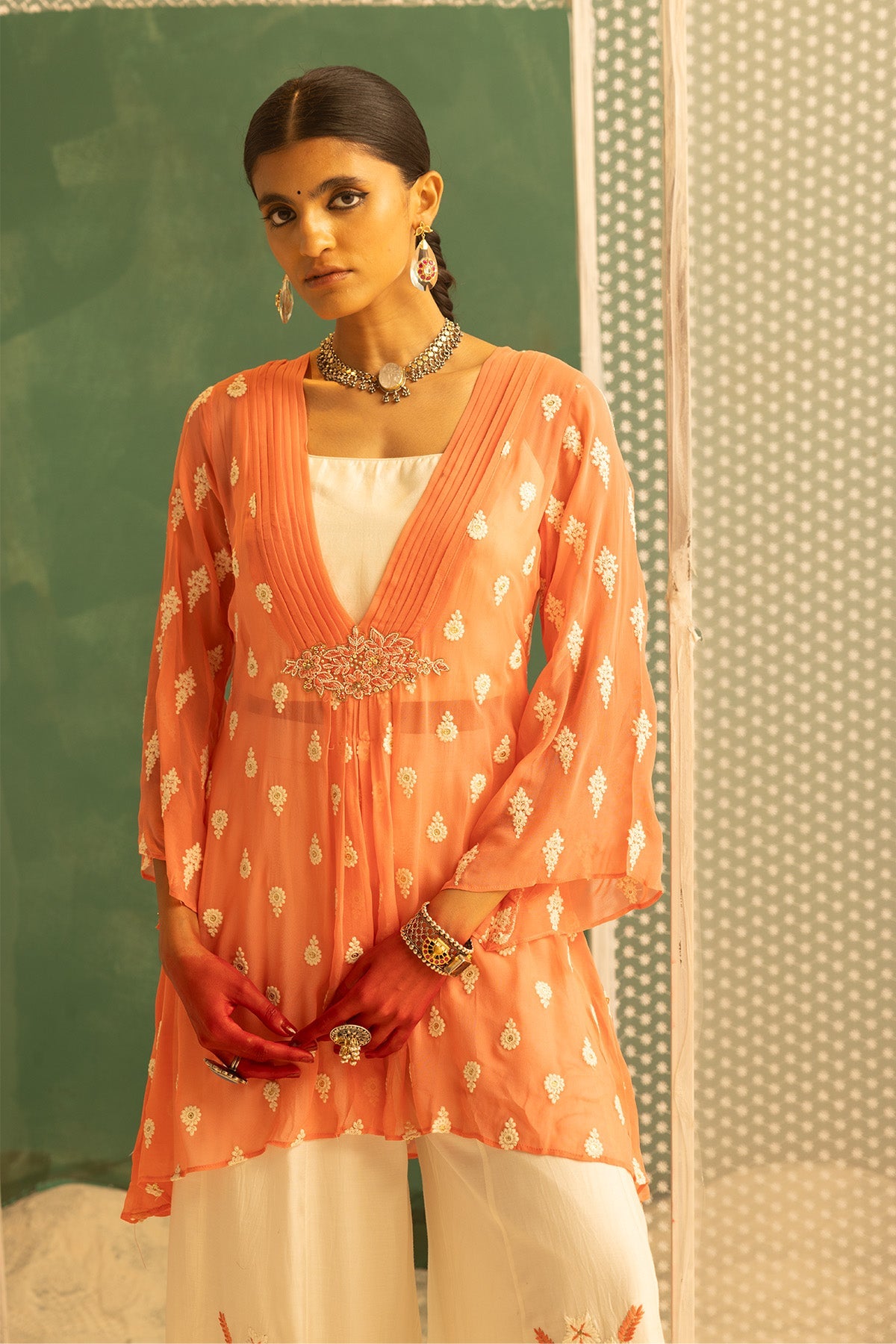 Peach Embroidered Jacket 3 Pcs Set