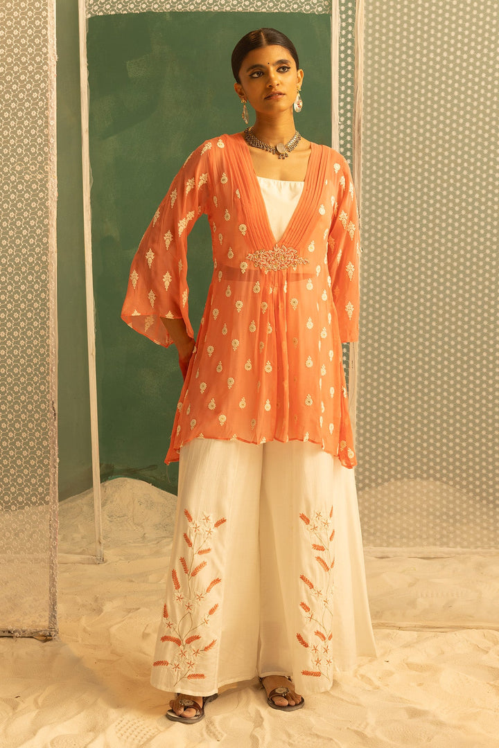 Peach Embroidered Jacket Set