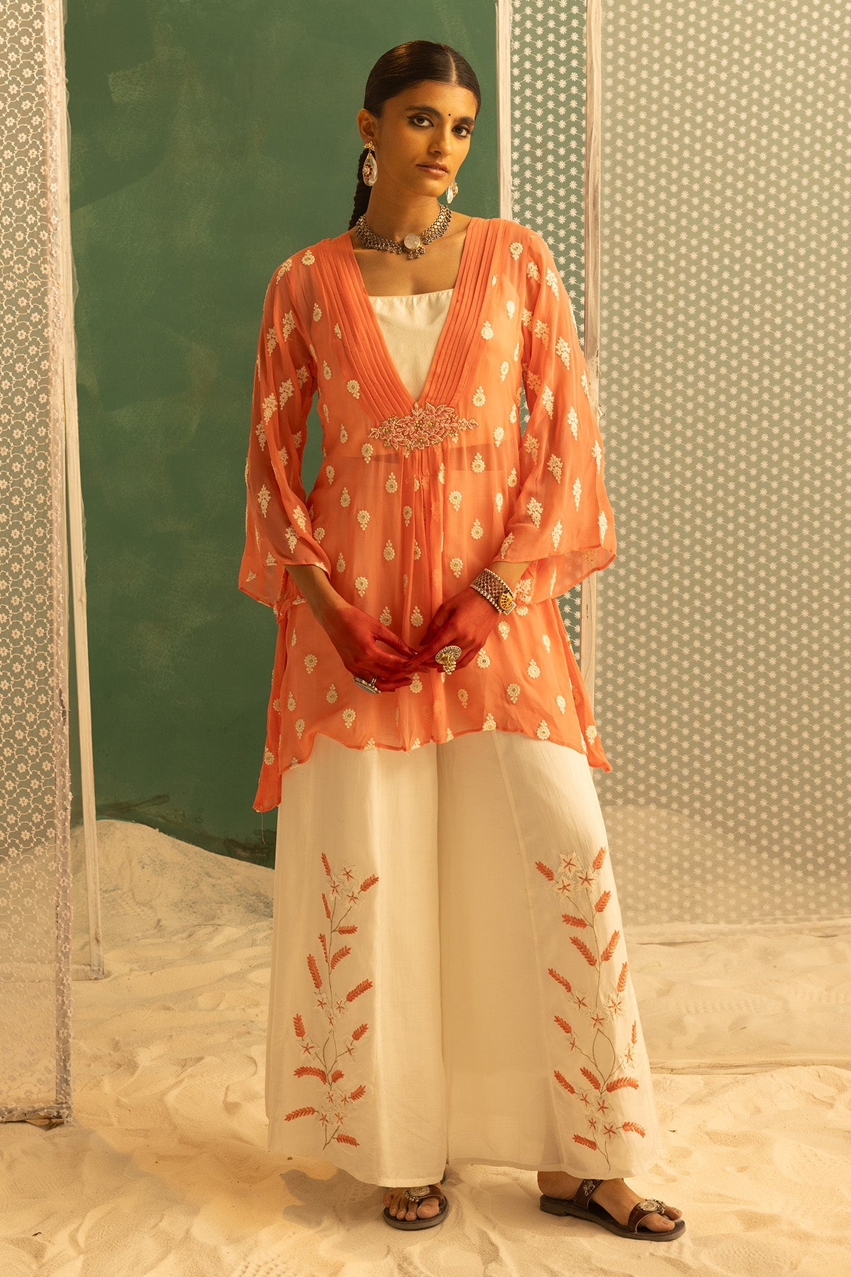 Peach Embroidered Jacket 3 Pcs Set