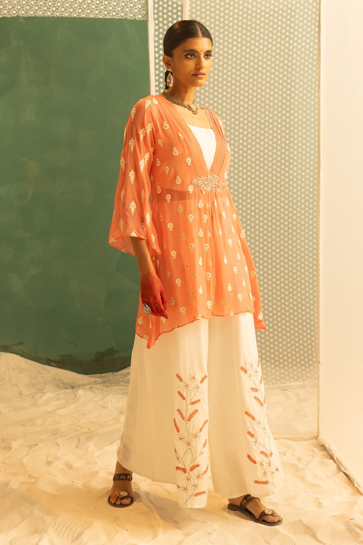 Peach Embroidered Jacket Set