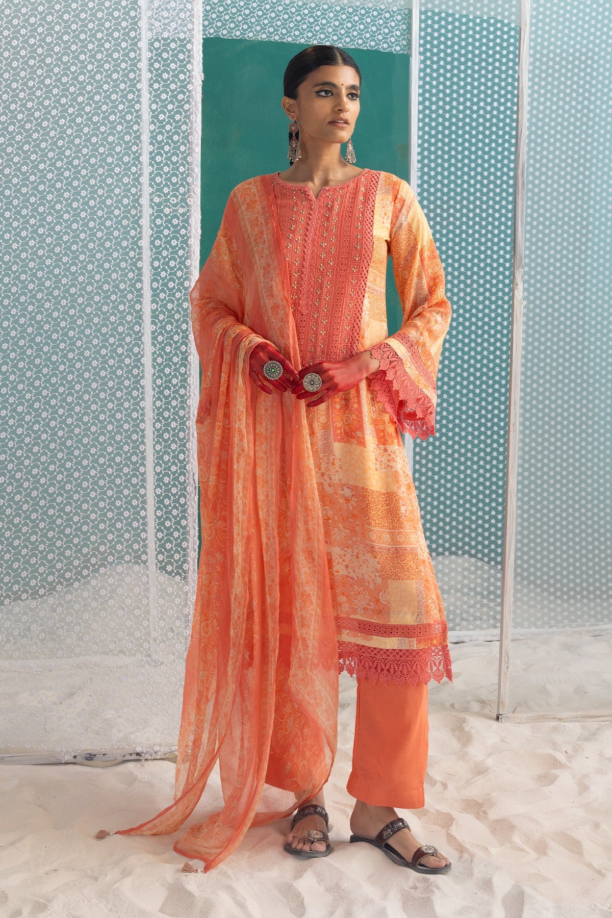 Peach Embellished Straight Kurta 3 Pcs Set