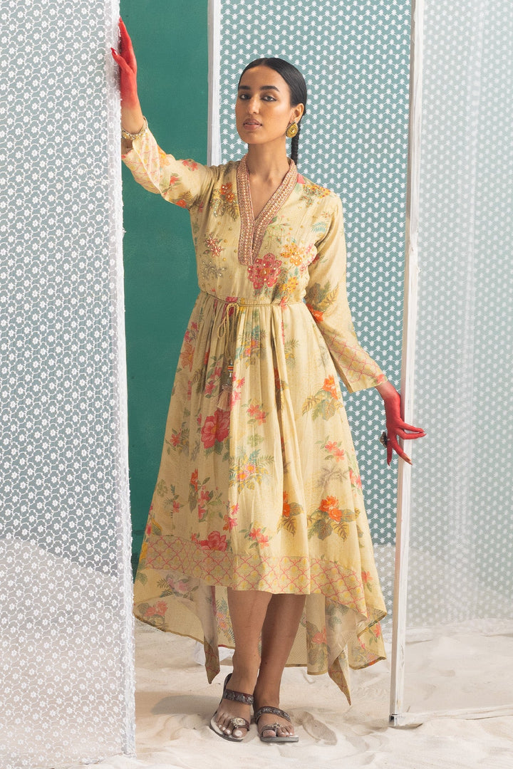 Beige Yoke Embellished Dress