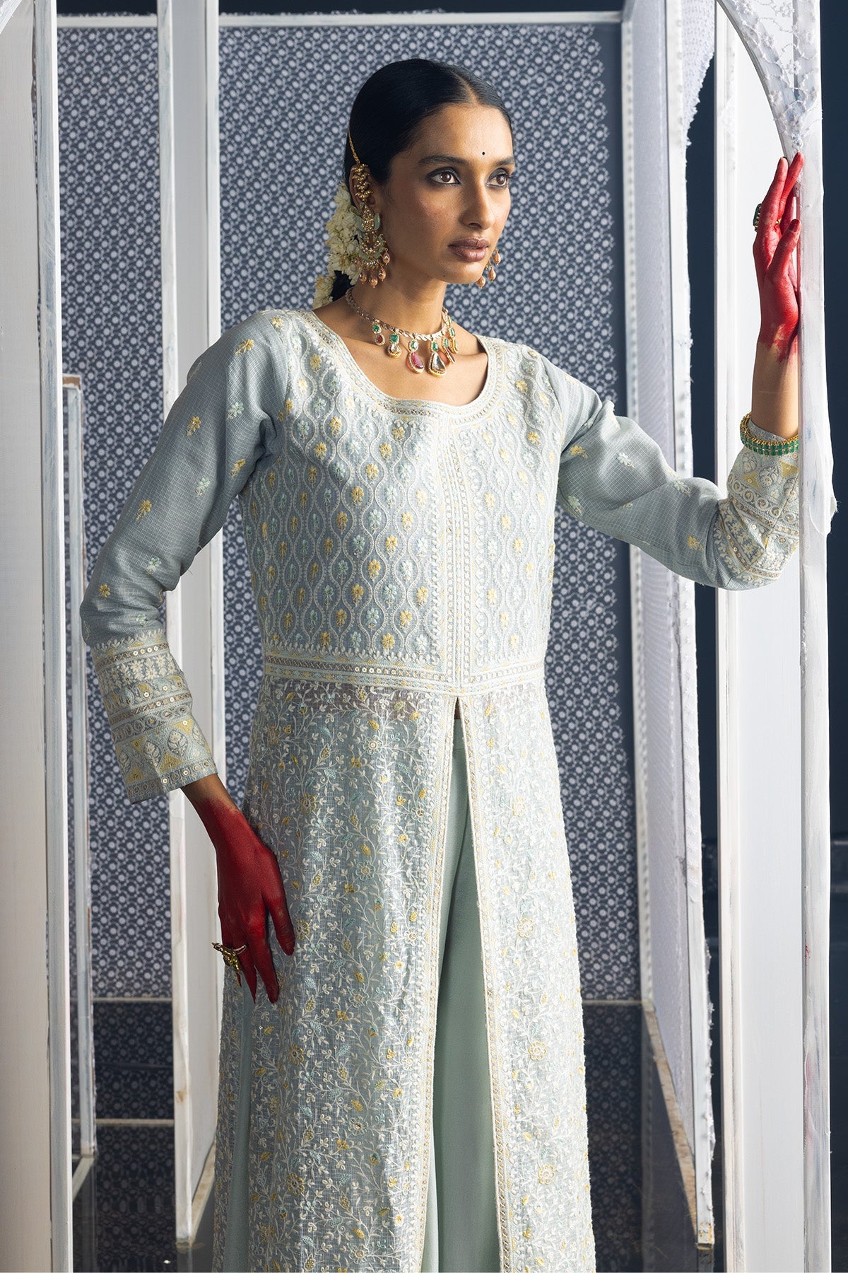 Green Embroidered Straight Kurta 3 Pcs Set