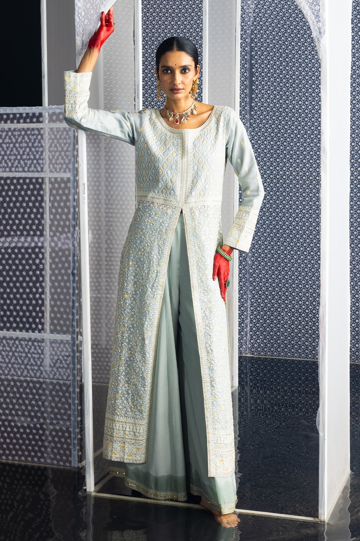 Green Embroidered Straight Kurta 3 Pcs Set