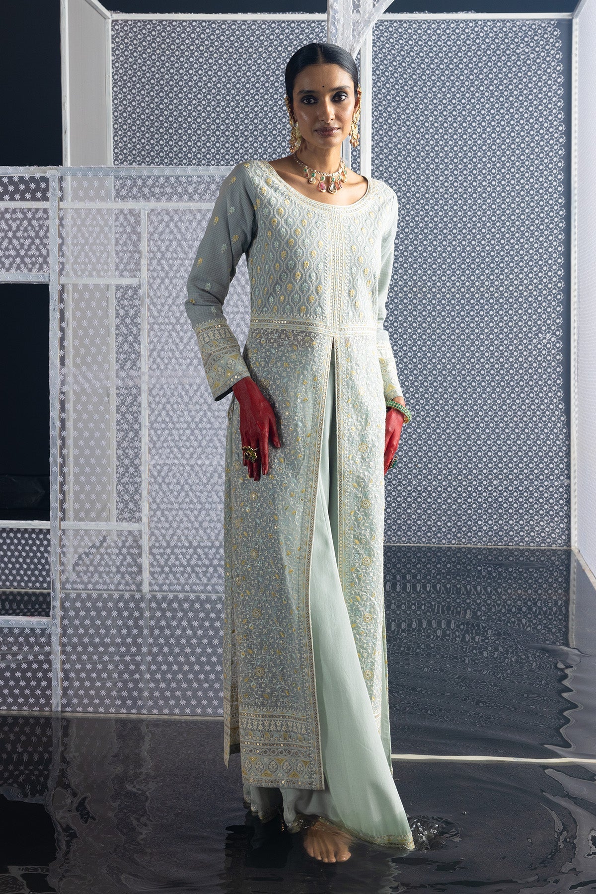 Green Embroidered Straight Kurta 3 Pcs Set