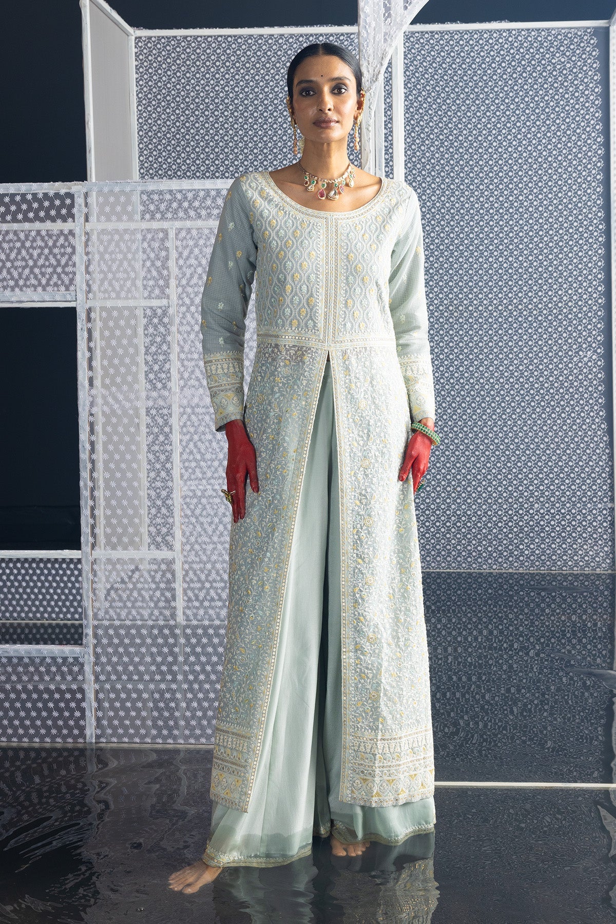 Green Embroidered Straight Kurta 3 Pcs Set