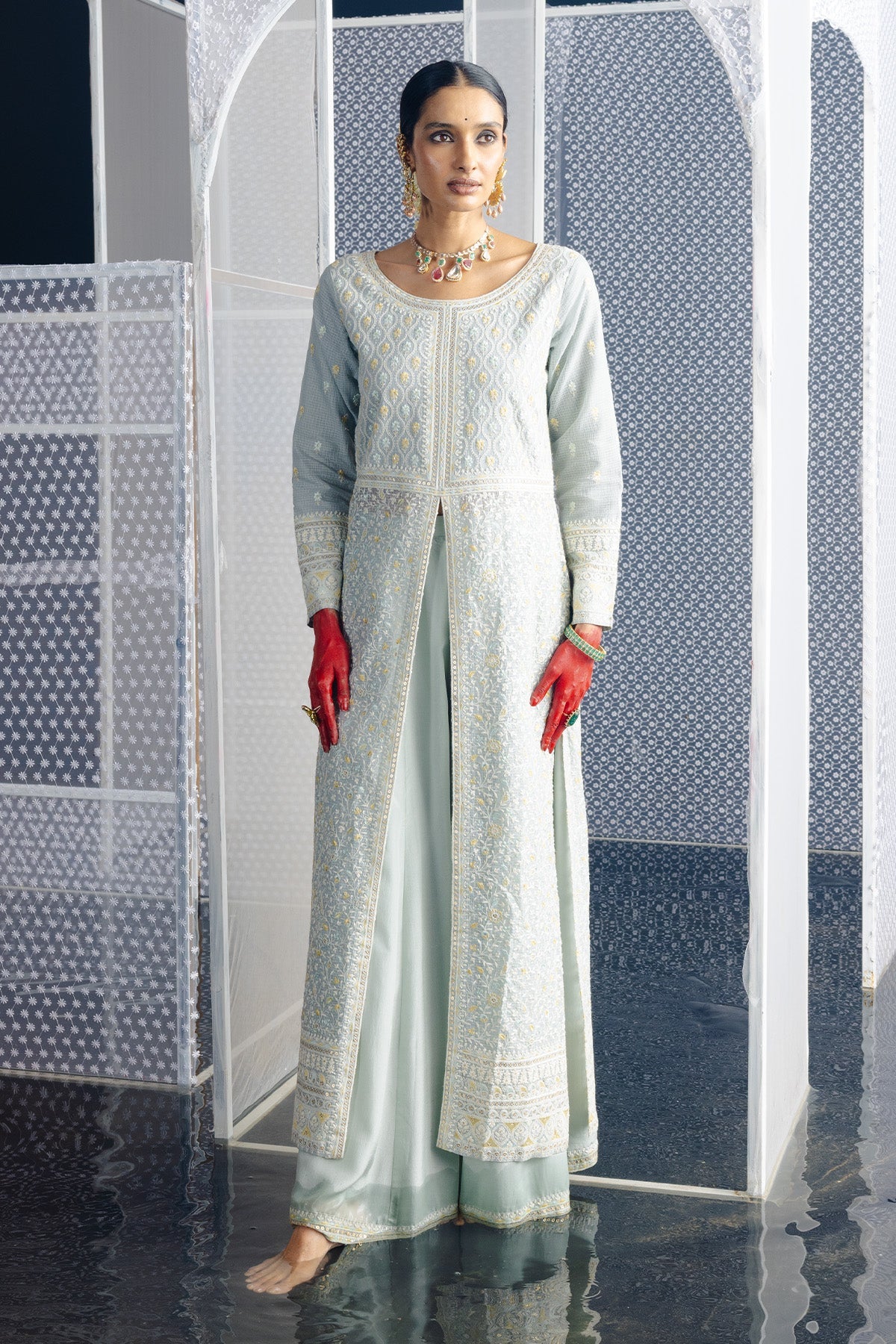 Green Embroidered Straight Kurta 3 Pcs Set