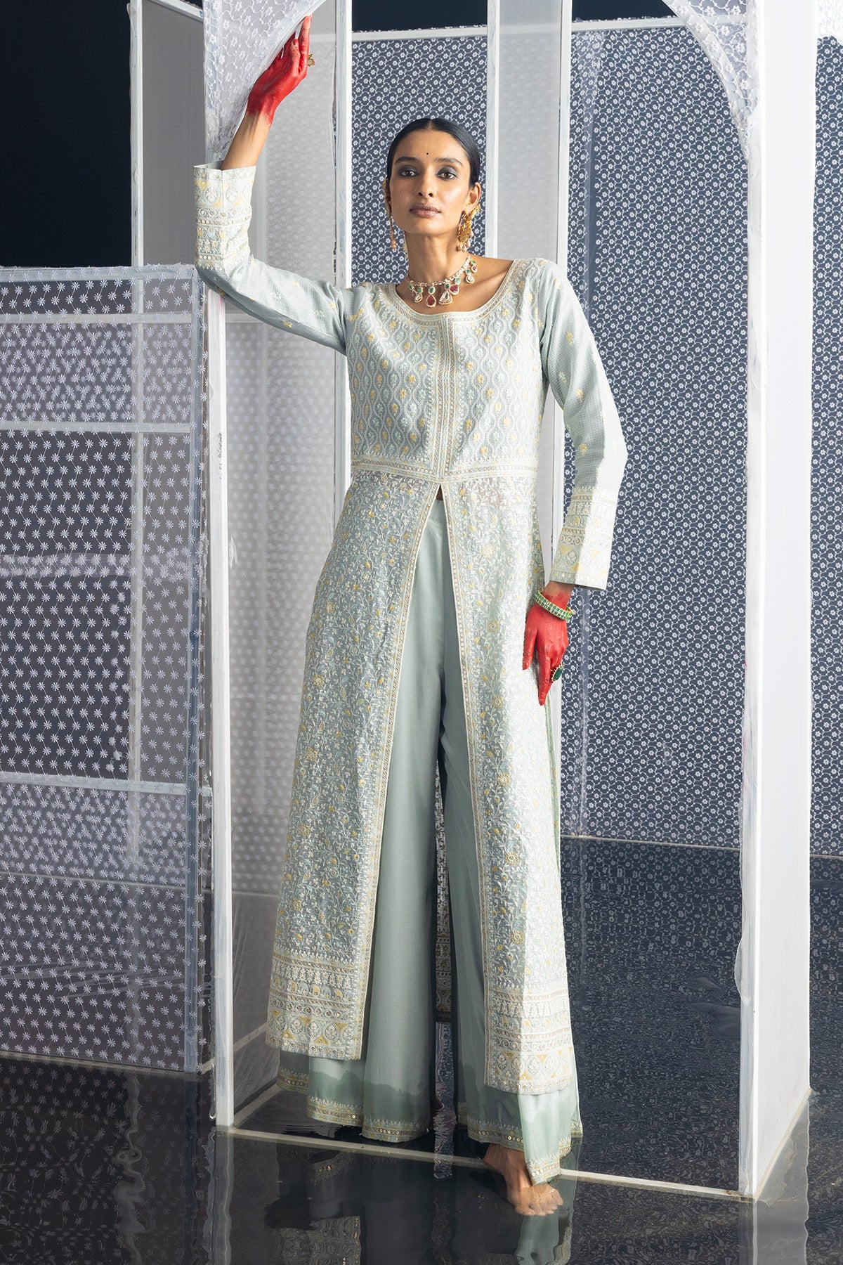 Green Embroidered Straight Kurta 3 Pcs Set