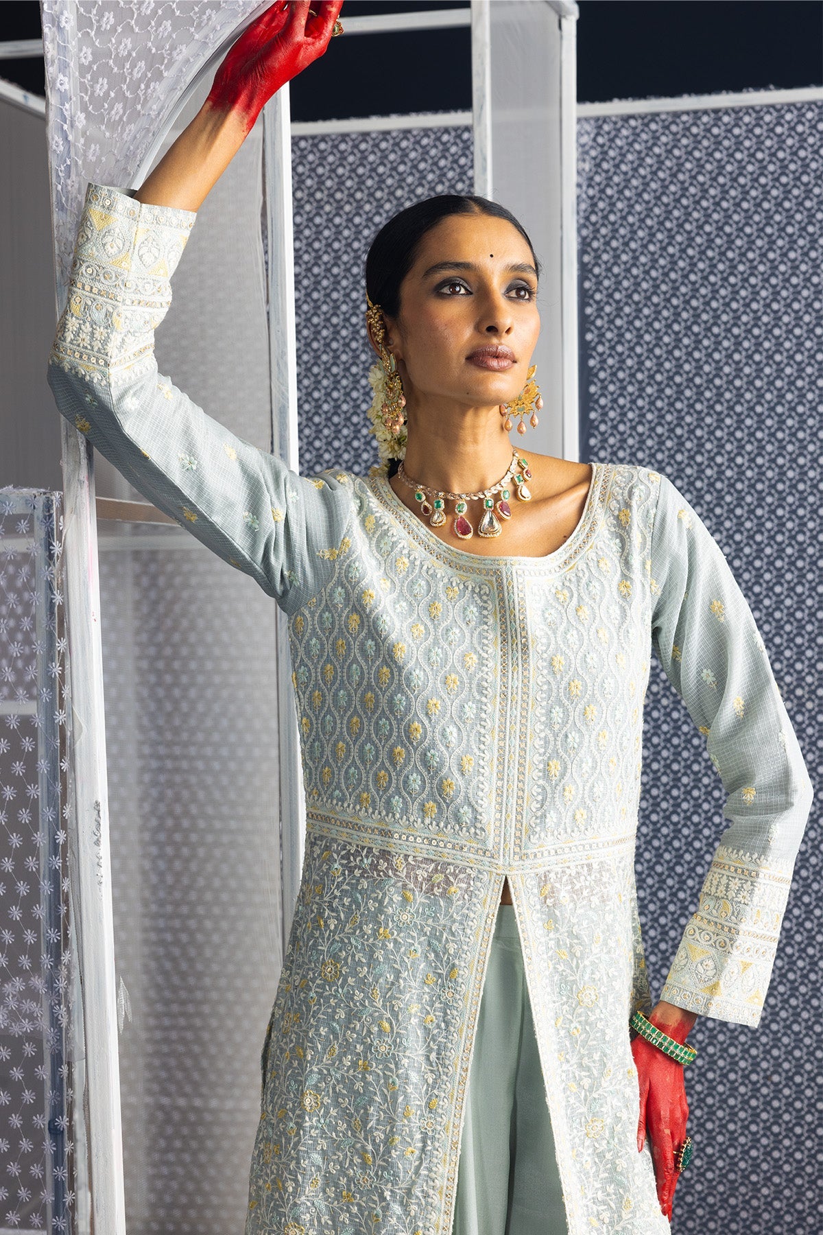 Green Embroidered Straight Kurta 3 Pcs Set
