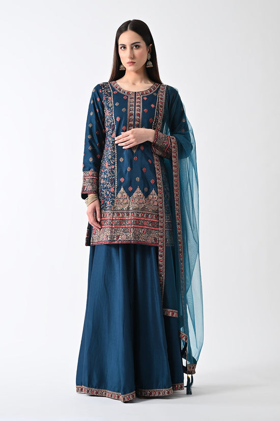 Teal Zari-Embroidered Kurta Set (3 Piece)