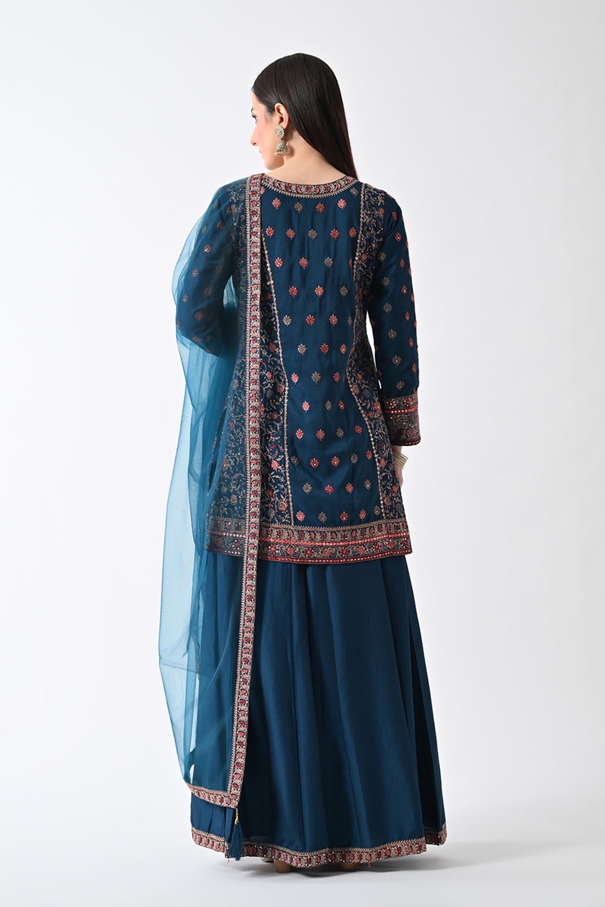 Teal Zari-Embroidered Kurta Set (3 Piece)
