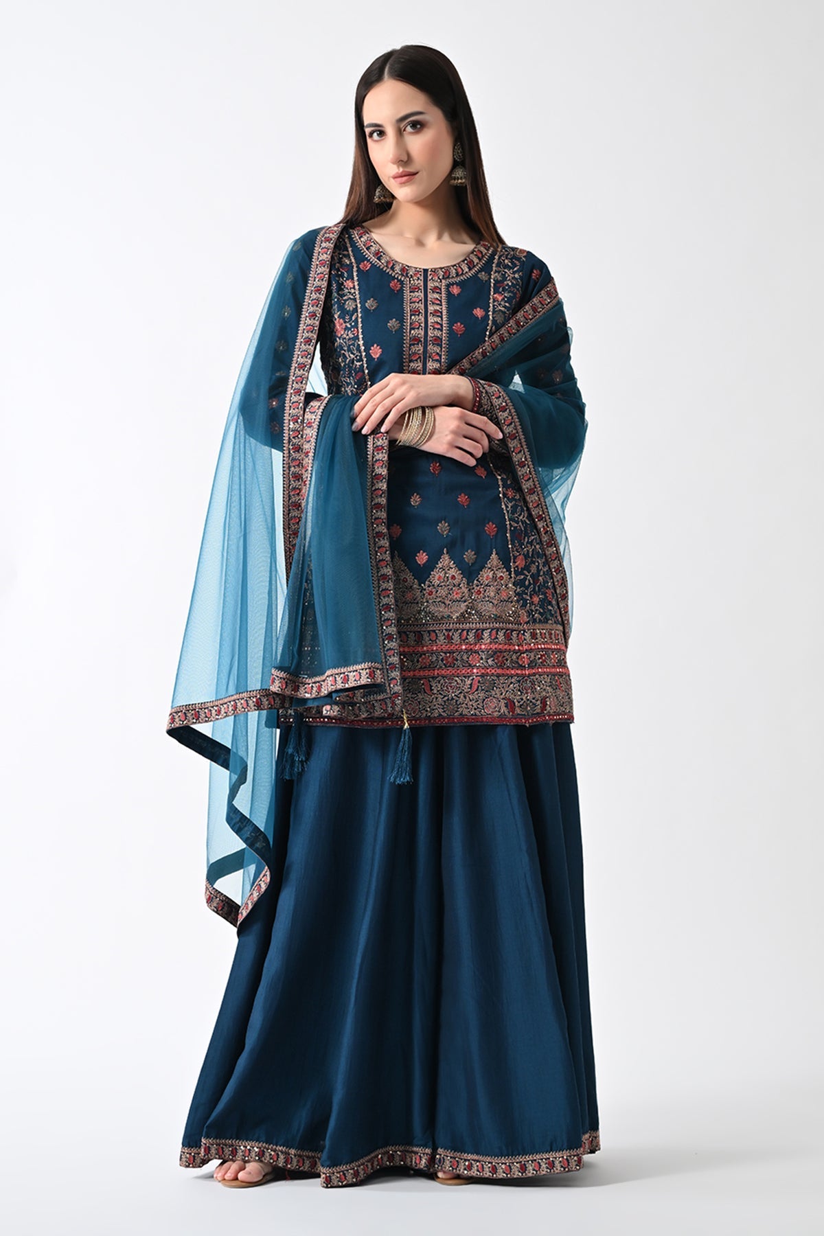 Teal Zari-Embroidered Kurta Set (3 Piece)