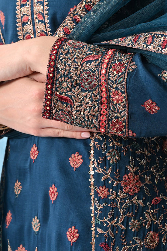 Teal Zari-Embroidered Kurta Set (3 Piece)