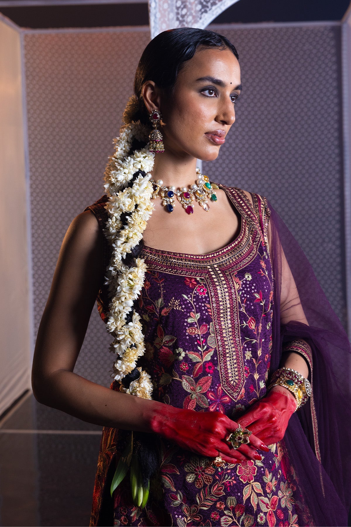 Purple Embroidered Short Kurta Set