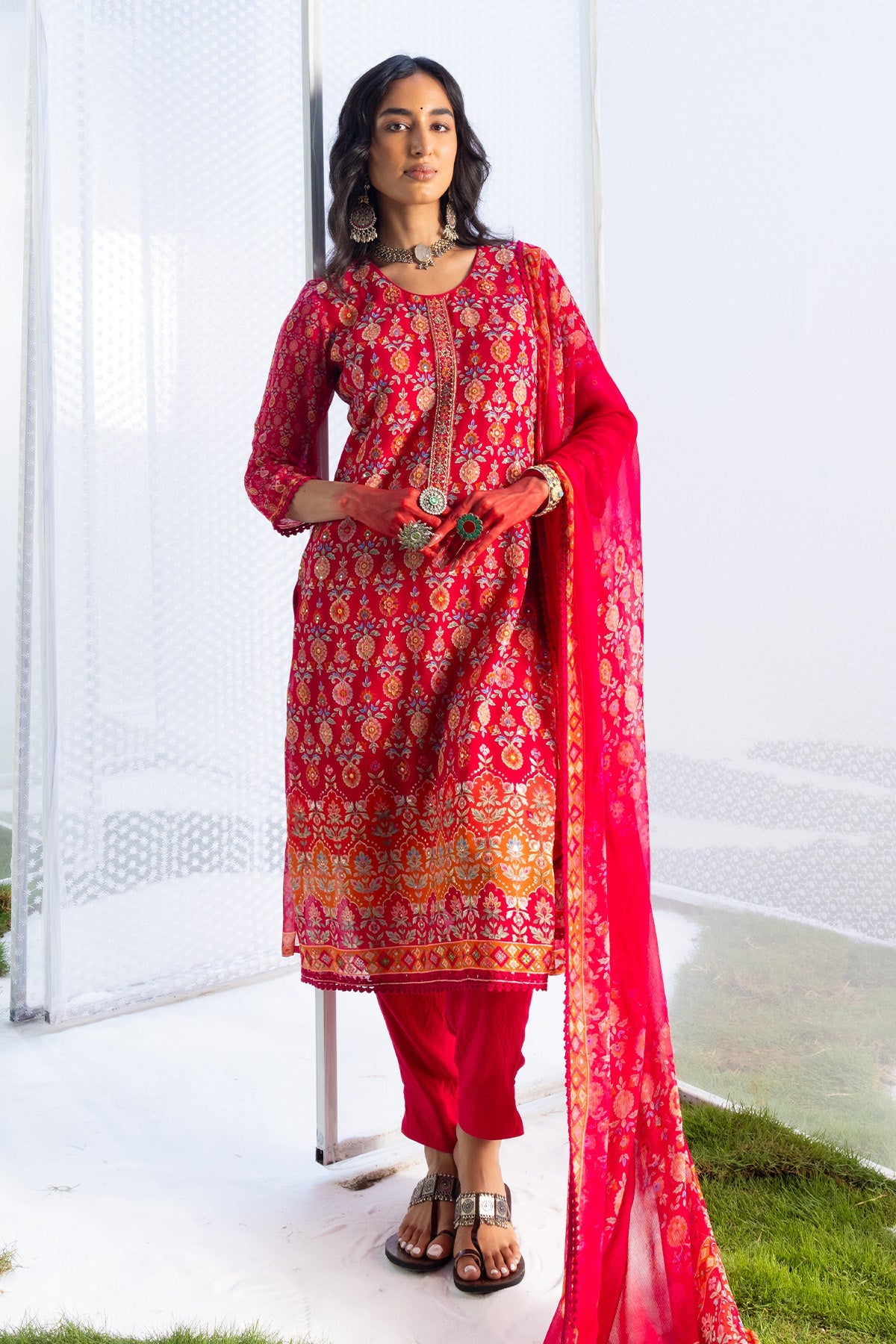 Pink Embroidered Straight Kurta 3 Pcs Set