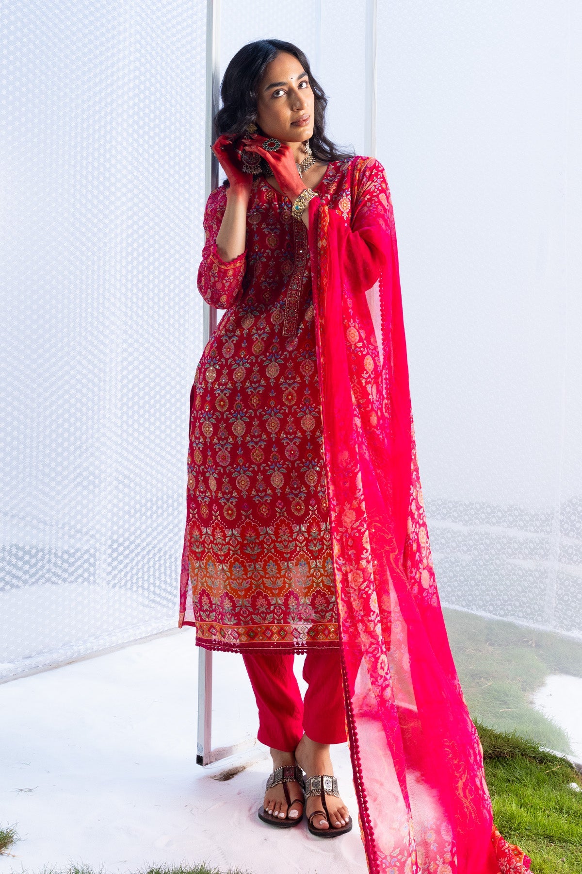 Pink Embroidered Straight Kurta 3 Pcs Set