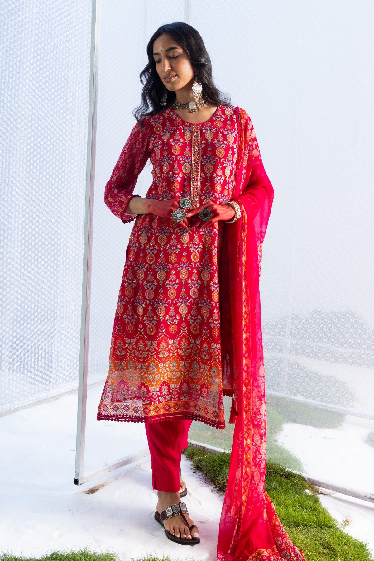 Pink Embroidered Straight Kurta 3 Pcs Set