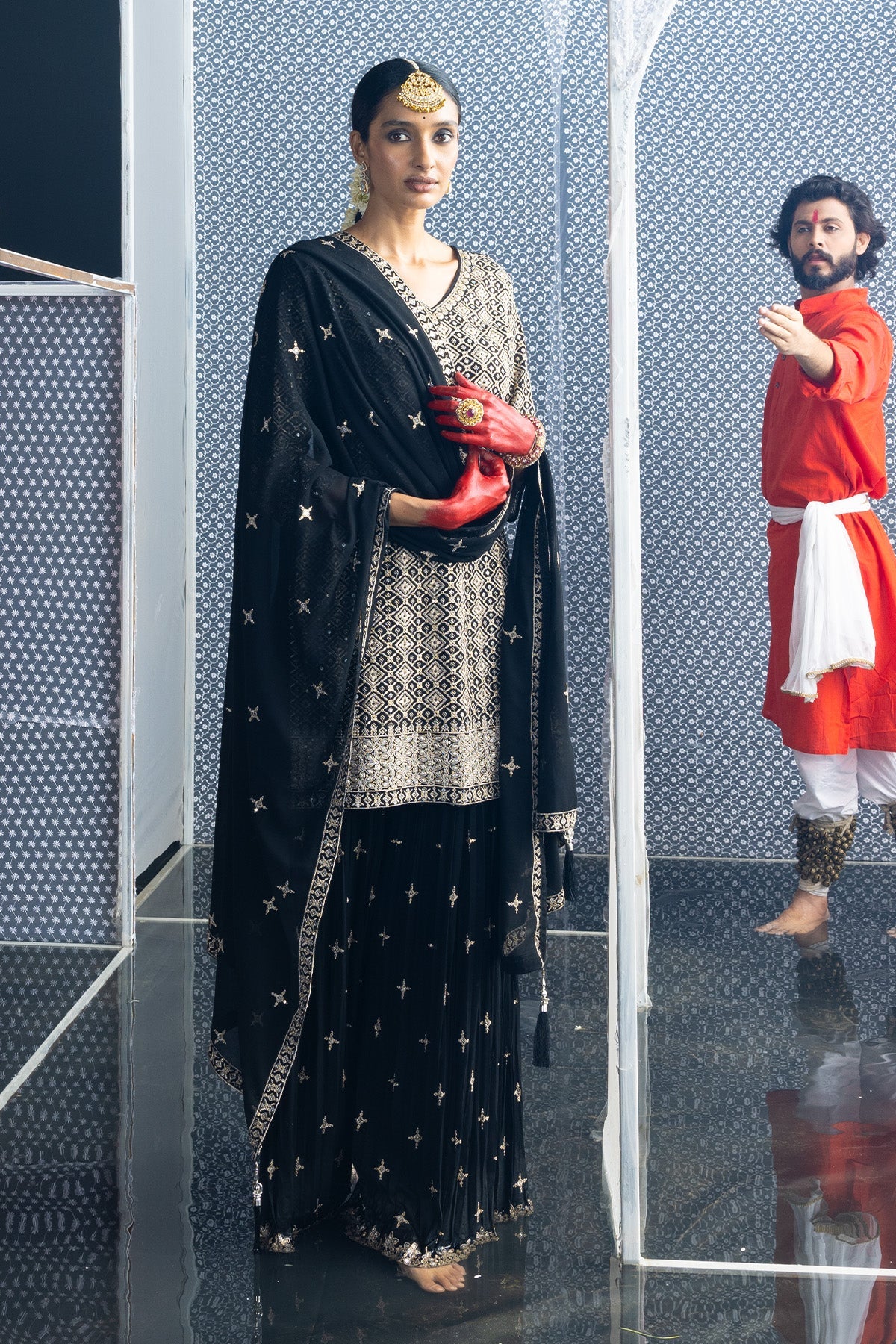 Black Embroidered Short Kurta 3 Pcs Set