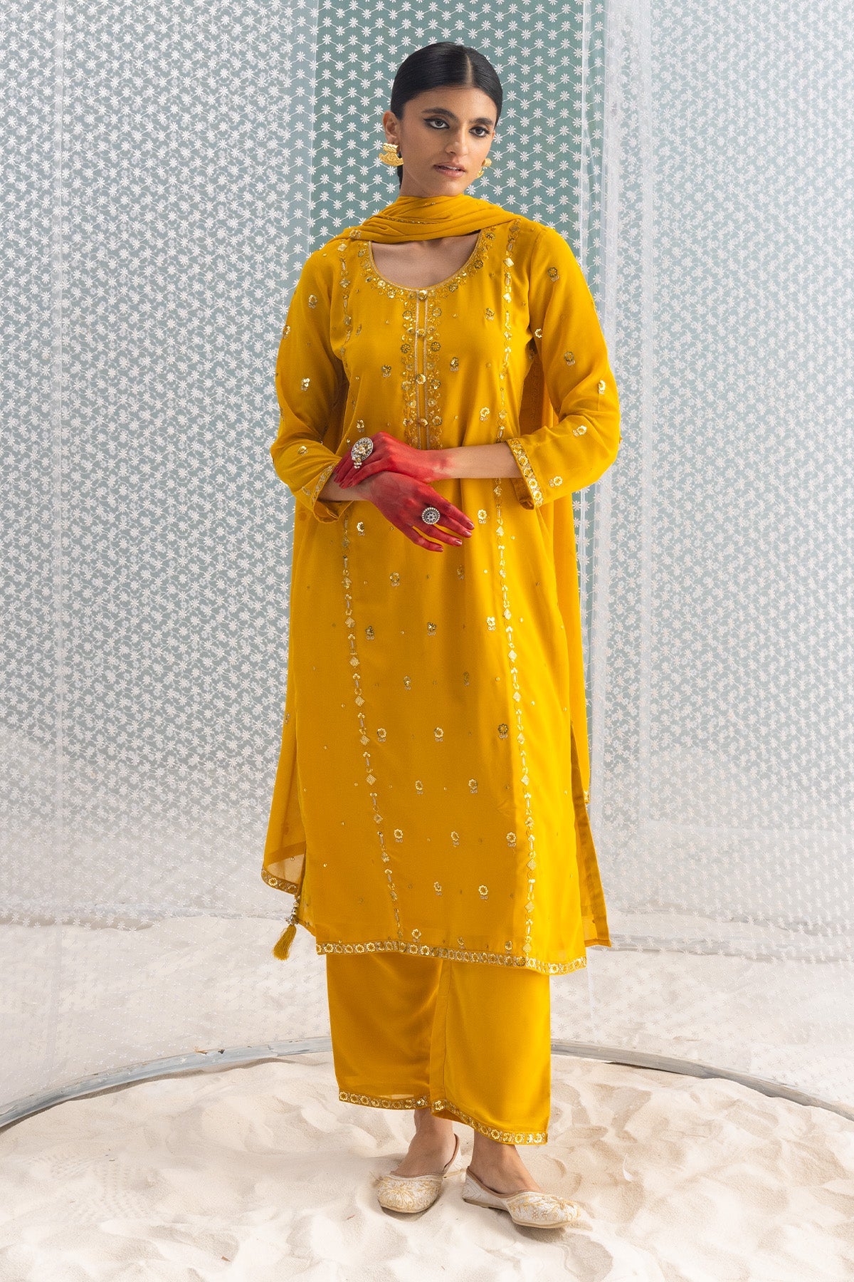 Mustard Embellished Straight Kurta Set