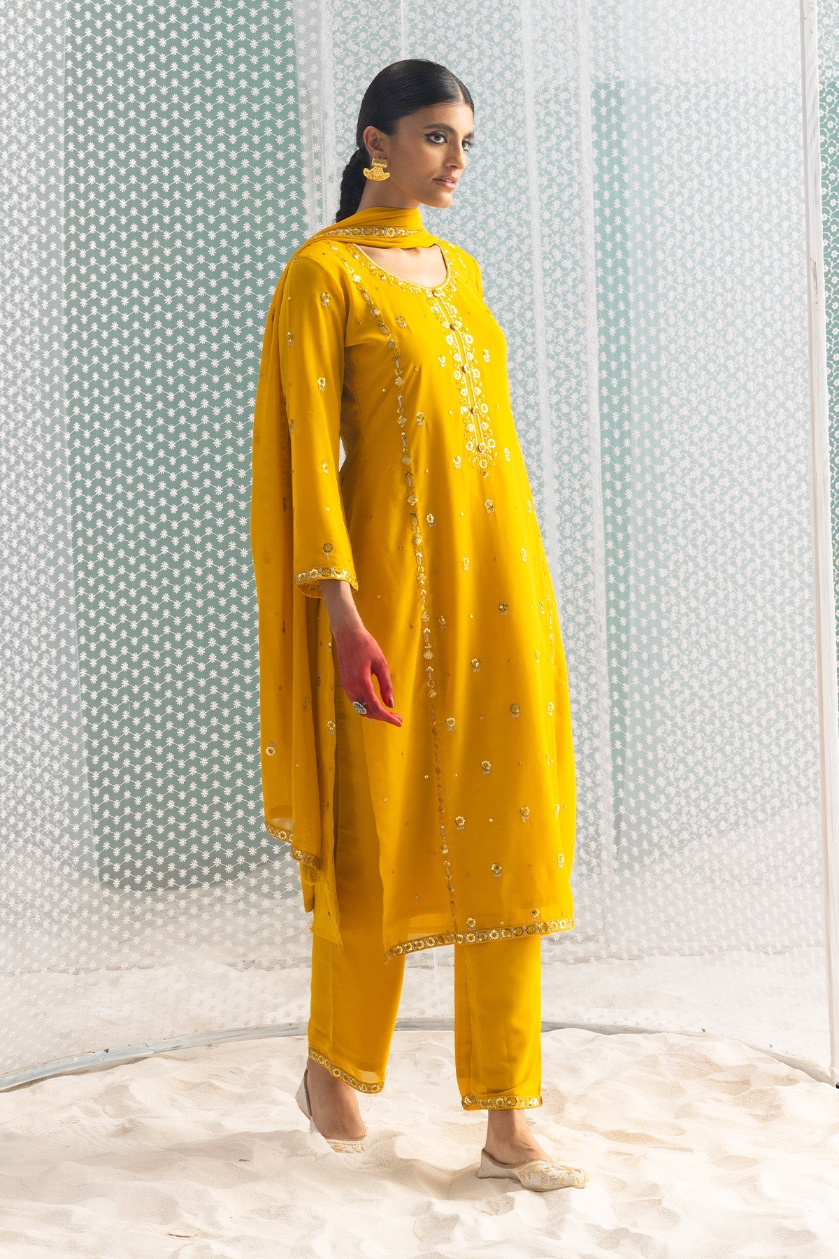 Mustard Embellished Straight Kurta Set